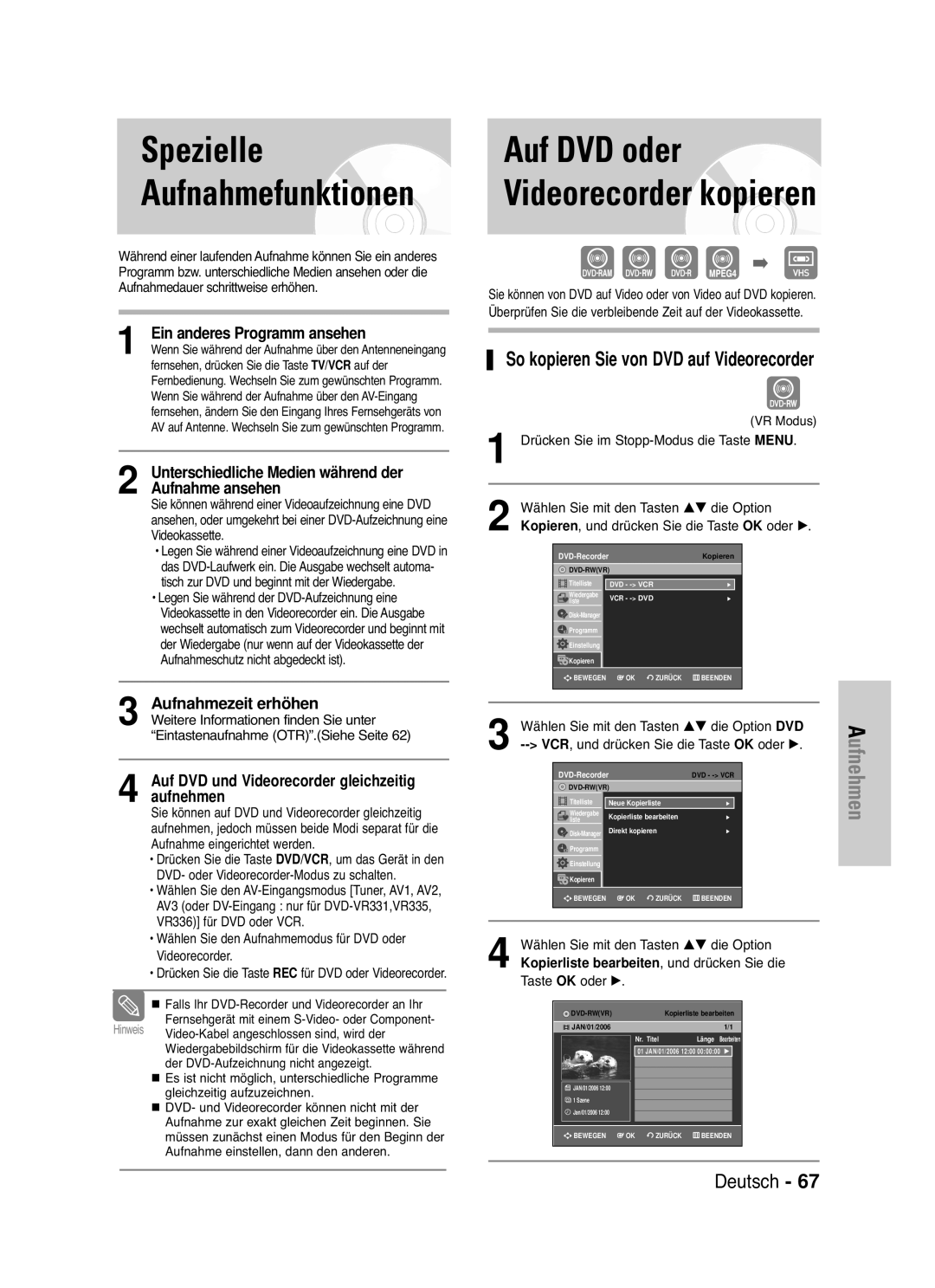 Samsung DVD-VR330/XET, DVD-VR330/XEG, DVD-VR330/XEB manual Spezielle Aufnahmefunktionen, Auf DVD oder Videorecorder kopieren 