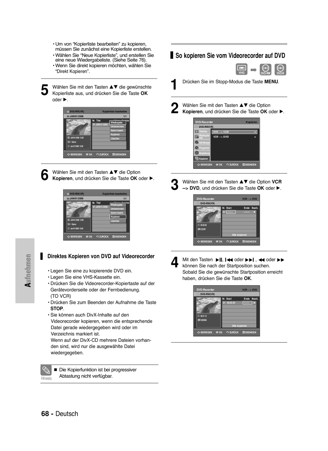 Samsung DVD-VR336/XEG, DVD-VR330/XEG manual Kopierliste aus, und drücken Sie die Taste OK, Abtastung nicht verfügbar 