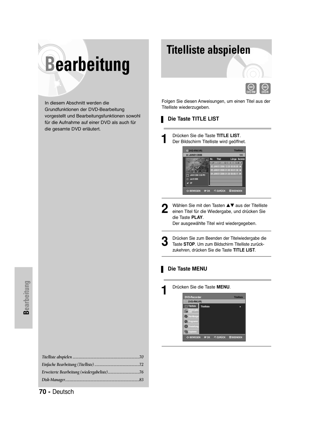 Samsung DVD-VR330/XEG, DVD-VR330/XEB, DVD-VR335/XEB manual Titelliste abspielen, Die Taste Title List, Die Taste Menu 