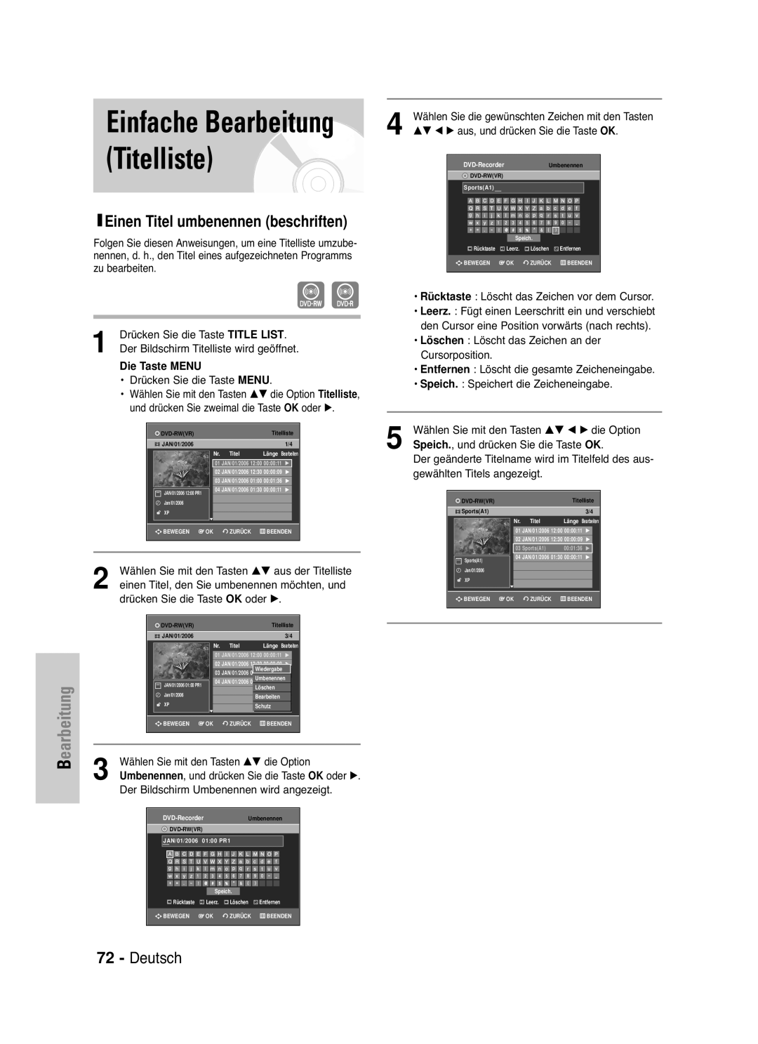 Samsung DVD-VR335/XEB Einfache Bearbeitung Titelliste, Die Taste Menu, Wählen Sie mit den Tasten …† aus der Titelliste 