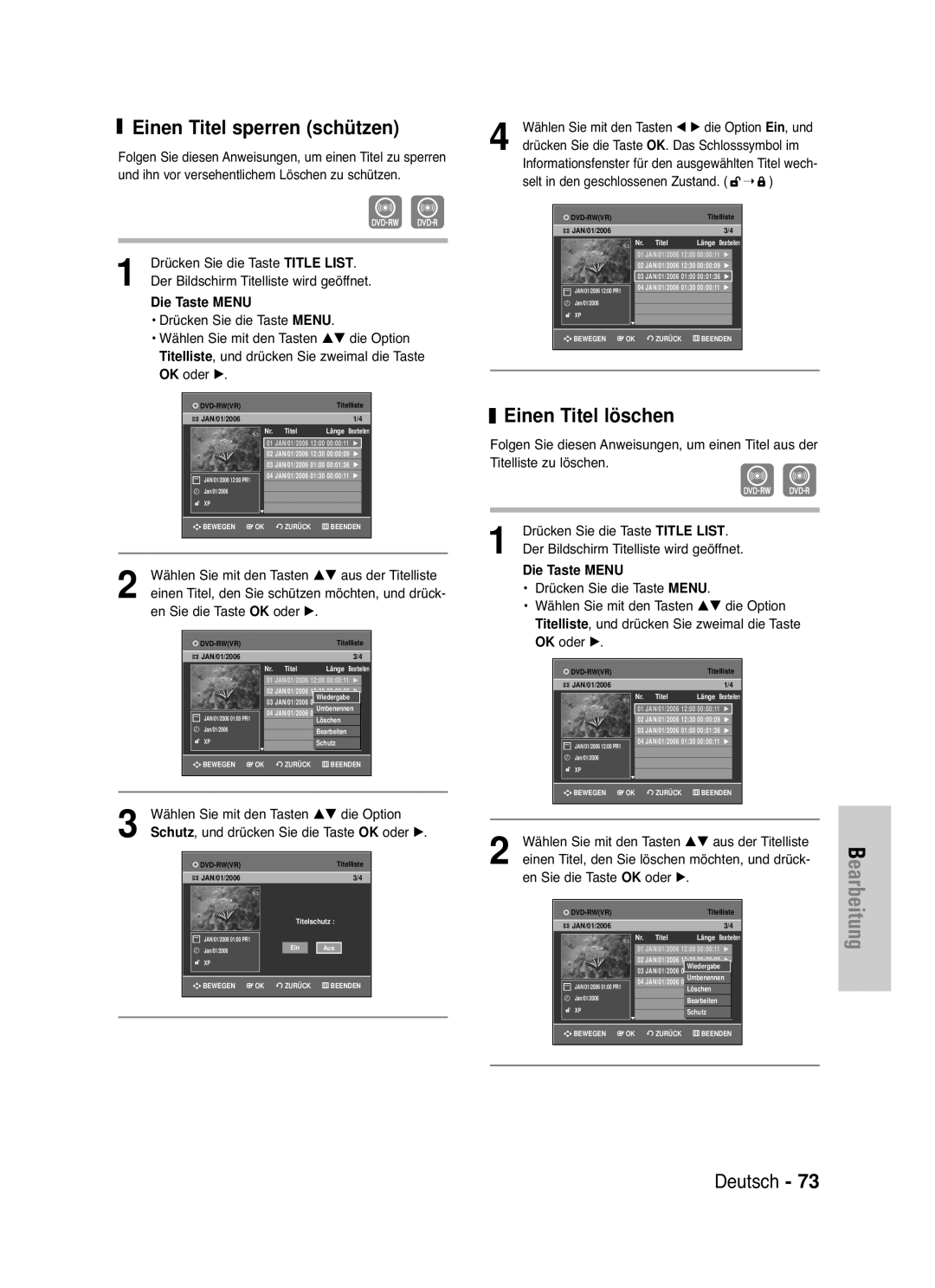 Samsung DVD-VR335/XEG Einen Titel sperren schützen, Einen Titel löschen, Einen Titel, den Sie schützen möchten, und drück 