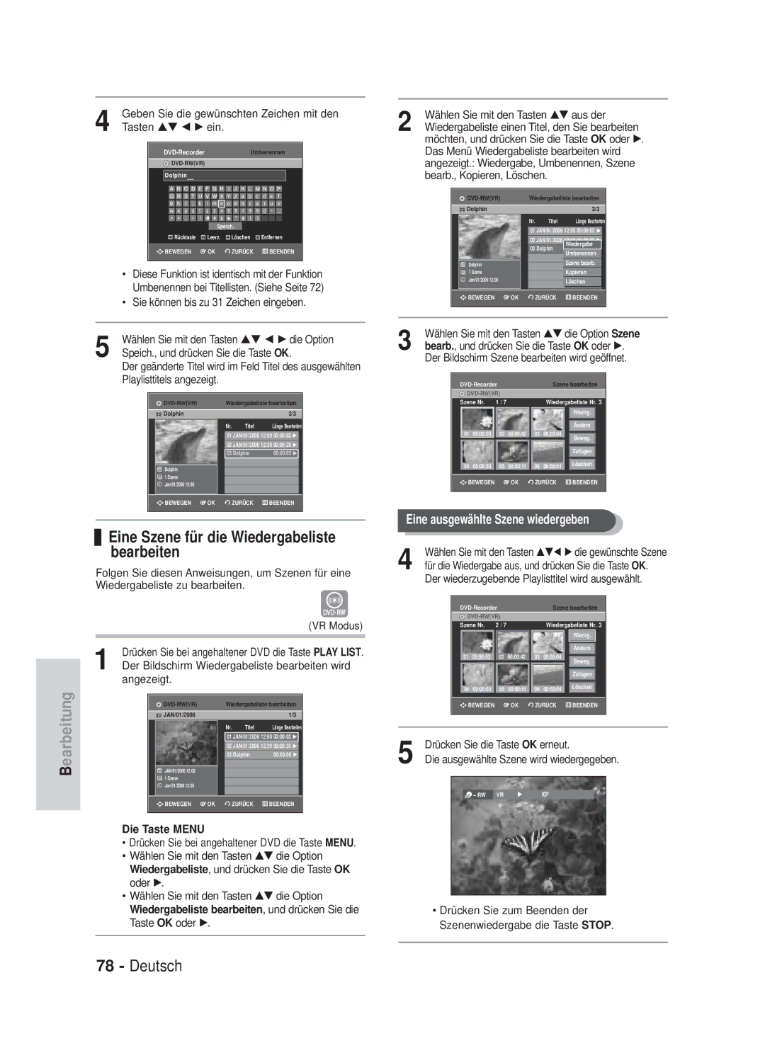 Samsung DVD-VR330/XEB, DVD-VR330/XEG, DVD-VR335/XEB, DVD-VR335/XEG manual Eine Szene für die Wiedergabeliste bearbeiten 