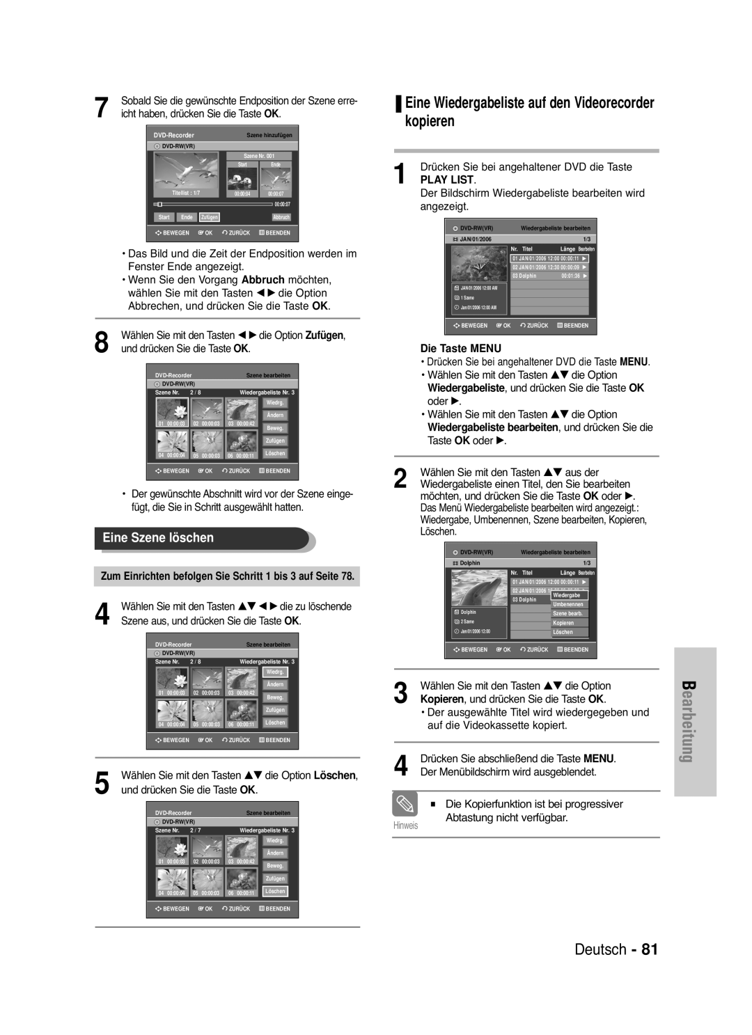 Samsung DVD-VR330/XET, DVD-VR330/XEG, DVD-VR330/XEB manual Eine Wiedergabeliste auf den Videorecorder kopieren, Löschen 