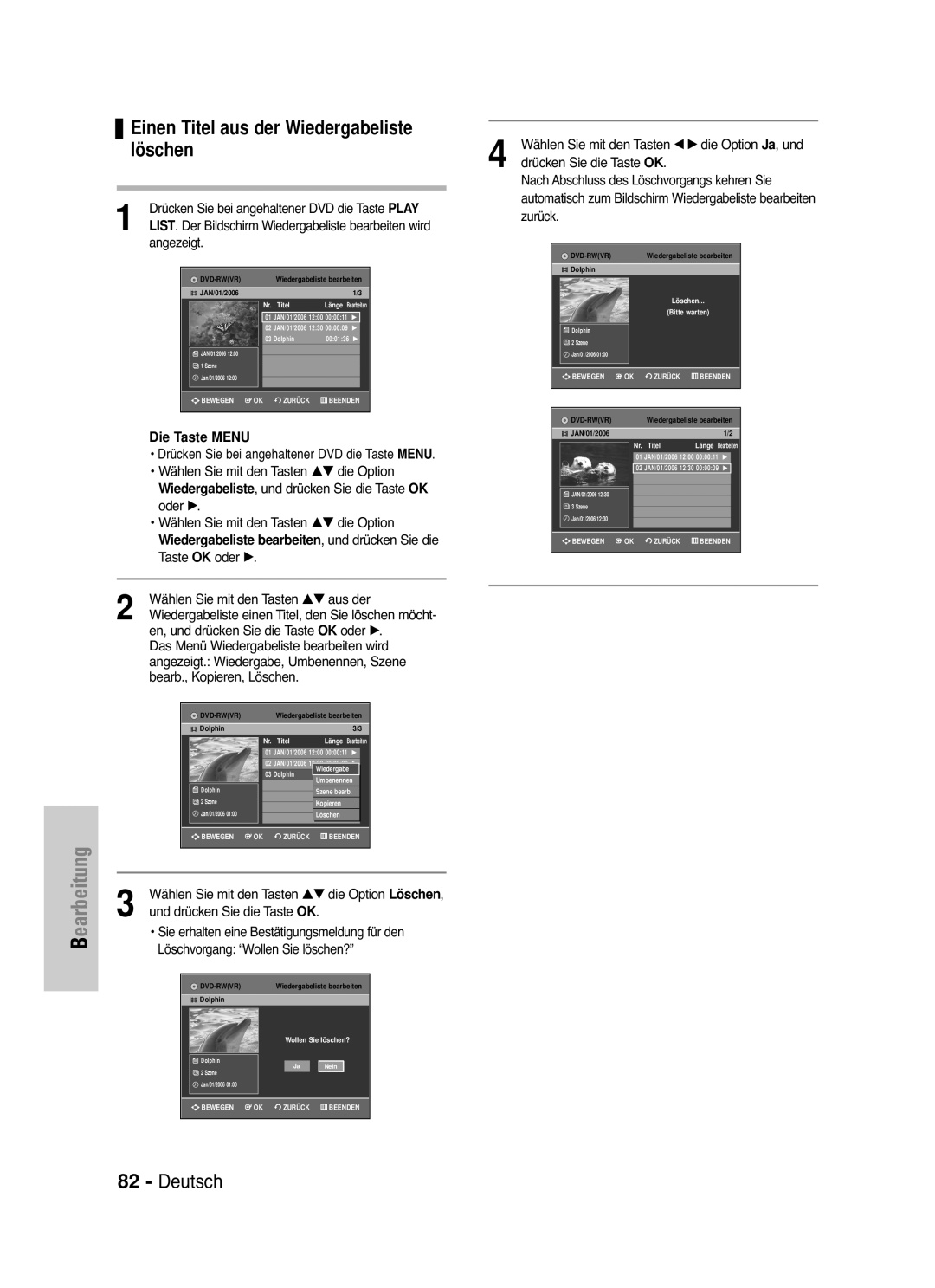 Samsung DVD-VR336/XEG Einen Titel aus der Wiedergabeliste löschen, Taste OK oder √ Wählen Sie mit den Tasten …† aus der 