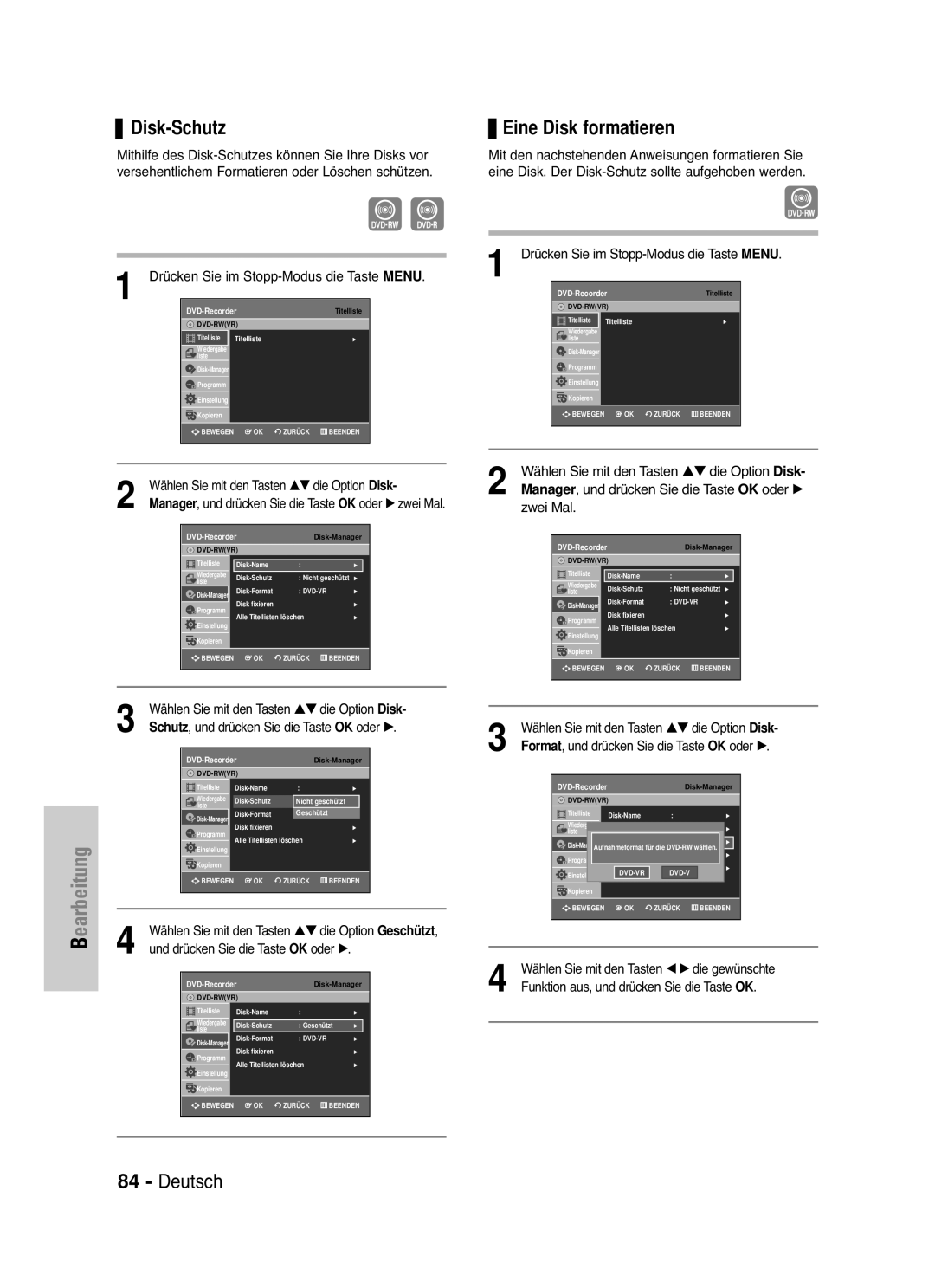 Samsung DVD-VR330/XEG, DVD-VR330/XEB manual Disk-Schutz, Eine Disk formatieren, Schutz , und drücken Sie die Taste OK oder √ 