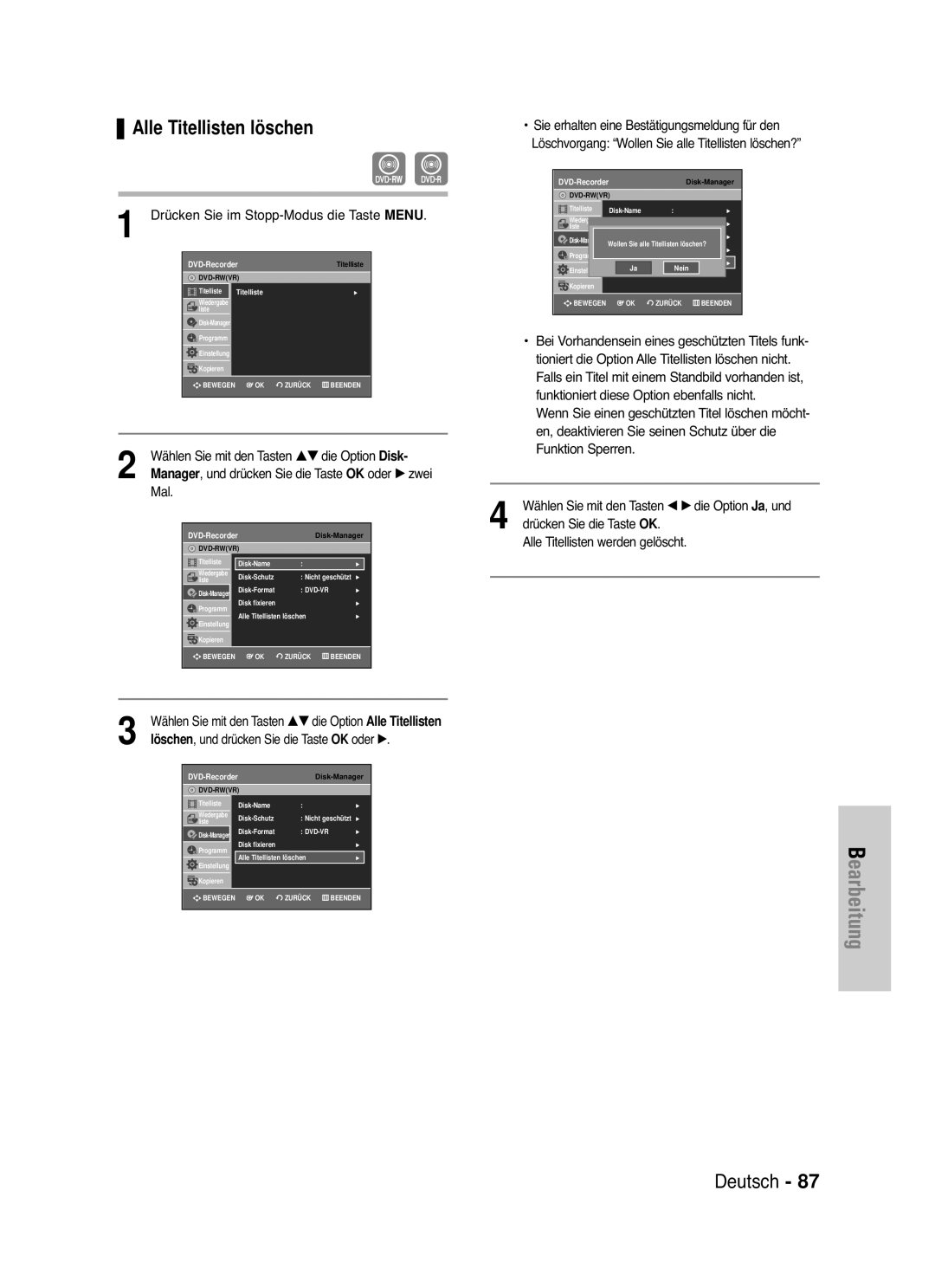 Samsung DVD-VR335/XEG, DVD-VR330/XEG, DVD-VR330/XEB Alle Titellisten löschen, Mal, Und drücken Sie die Taste OK oder √ zwei 