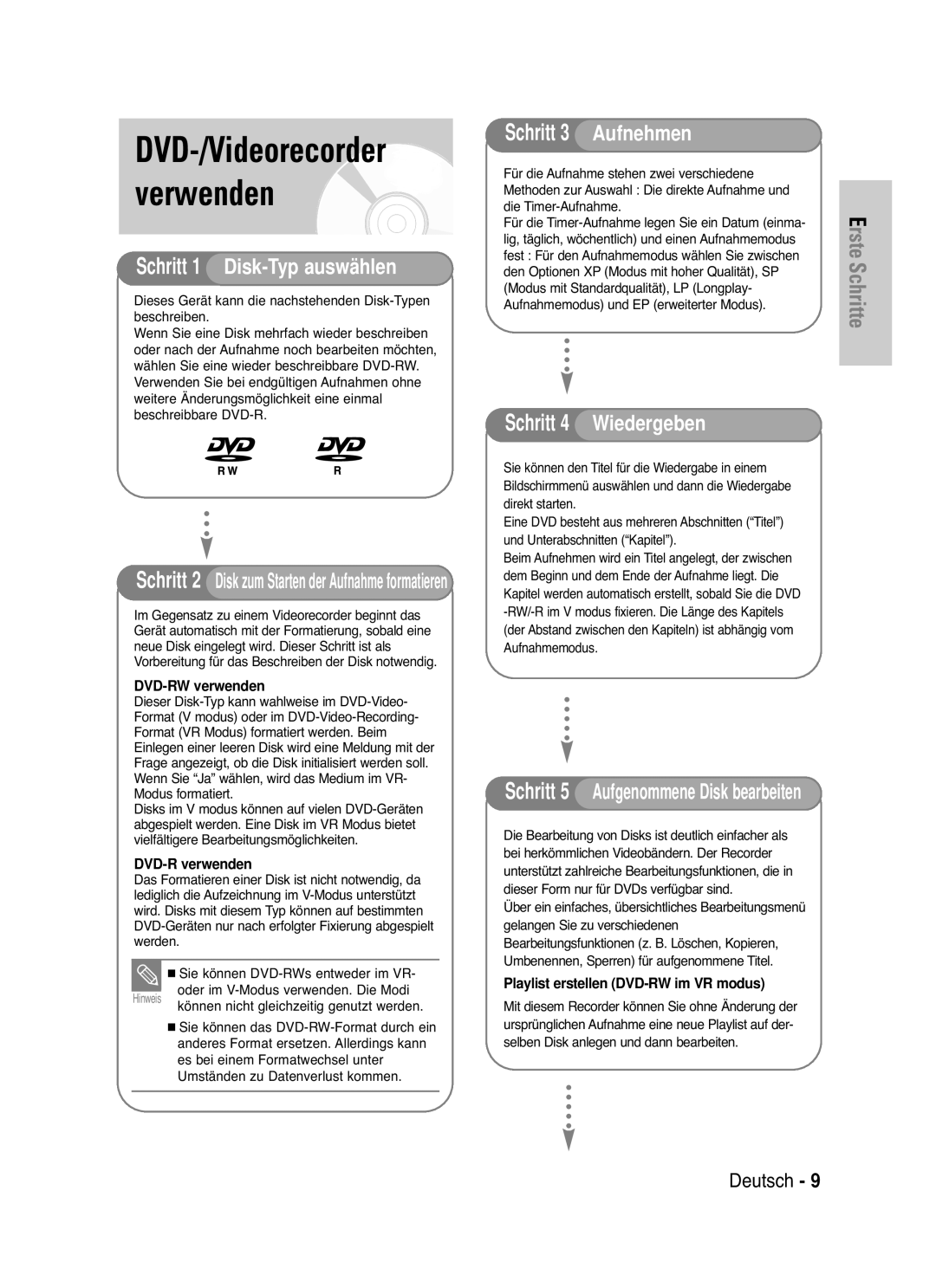 Samsung DVD-VR335/XEB, DVD-VR330/XEG manual DVD-/Videorecorder verwenden, Lig, täglich, wöchentlich und einen Aufnahmemodus 