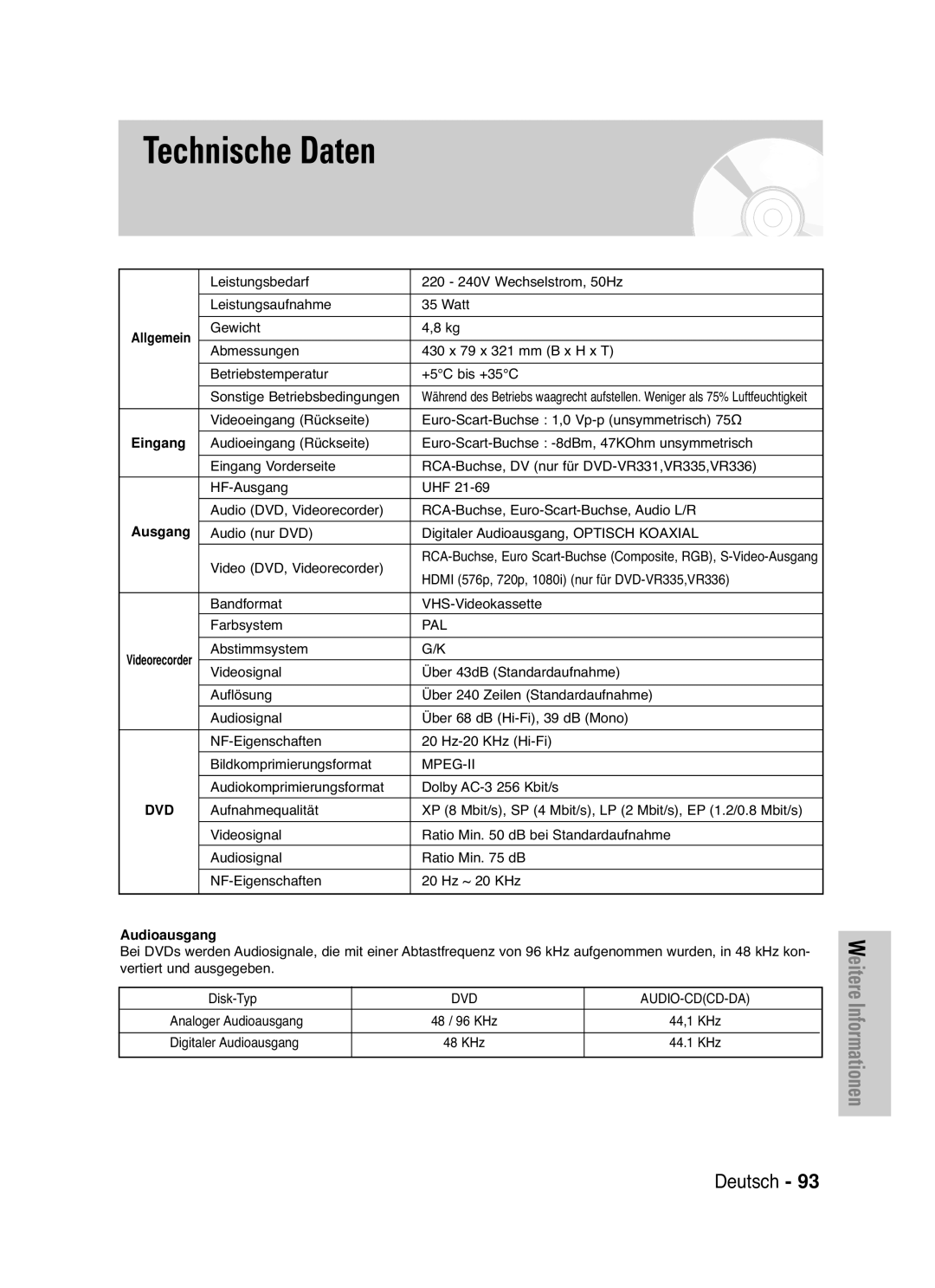 Samsung DVD-VR335/XEB, DVD-VR330/XEG, DVD-VR330/XEB, DVD-VR335/XEG manual Technische Daten, Eingang, Ausgang, Audioausgang 