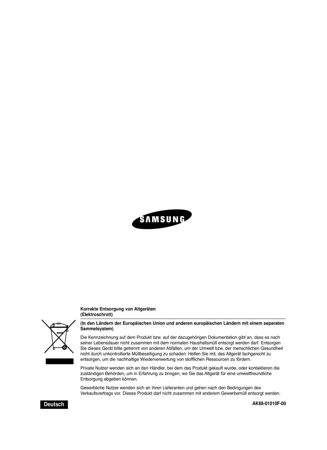 Samsung DVD-VR336/XEG, DVD-VR330/XEG, DVD-VR330/XEB, DVD-VR335/XEB manual Korrekte Entsorgung von Altgeräten Elektroschrott 