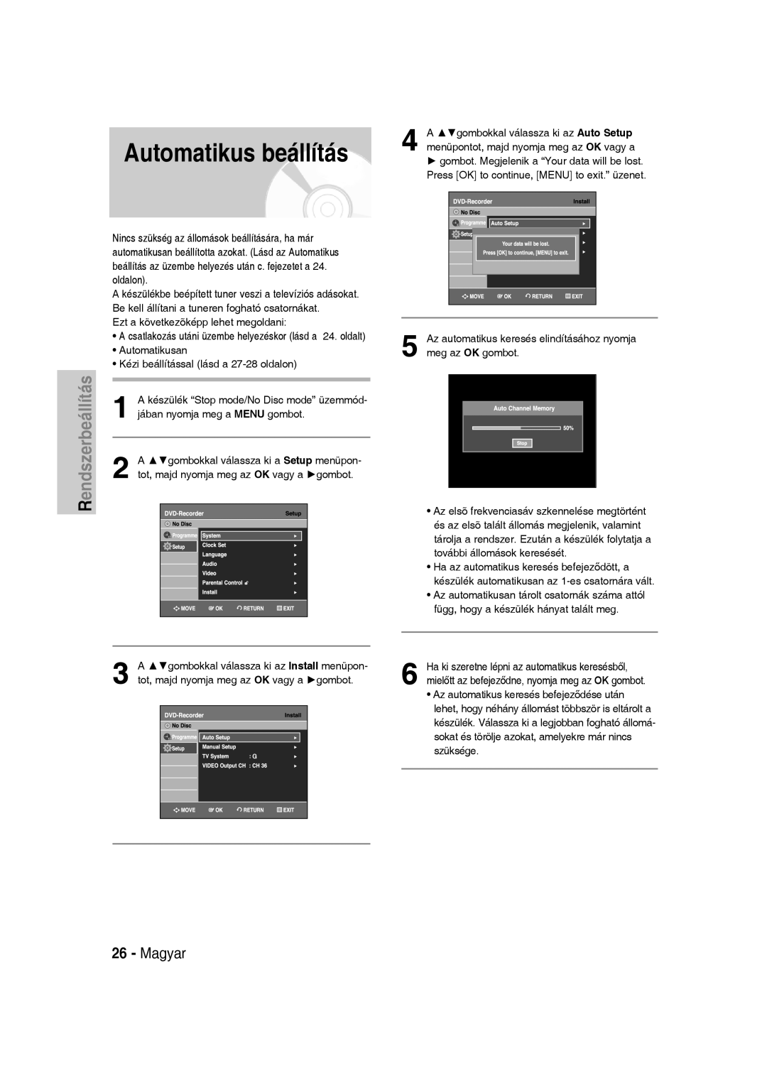 Samsung DVD-VR330/XET, DVD-VR336/XEH, DVD-VR330/XEH Készülék Stop mode/No Disc mode üzemmód, Jában nyomja meg a Menu gombot 