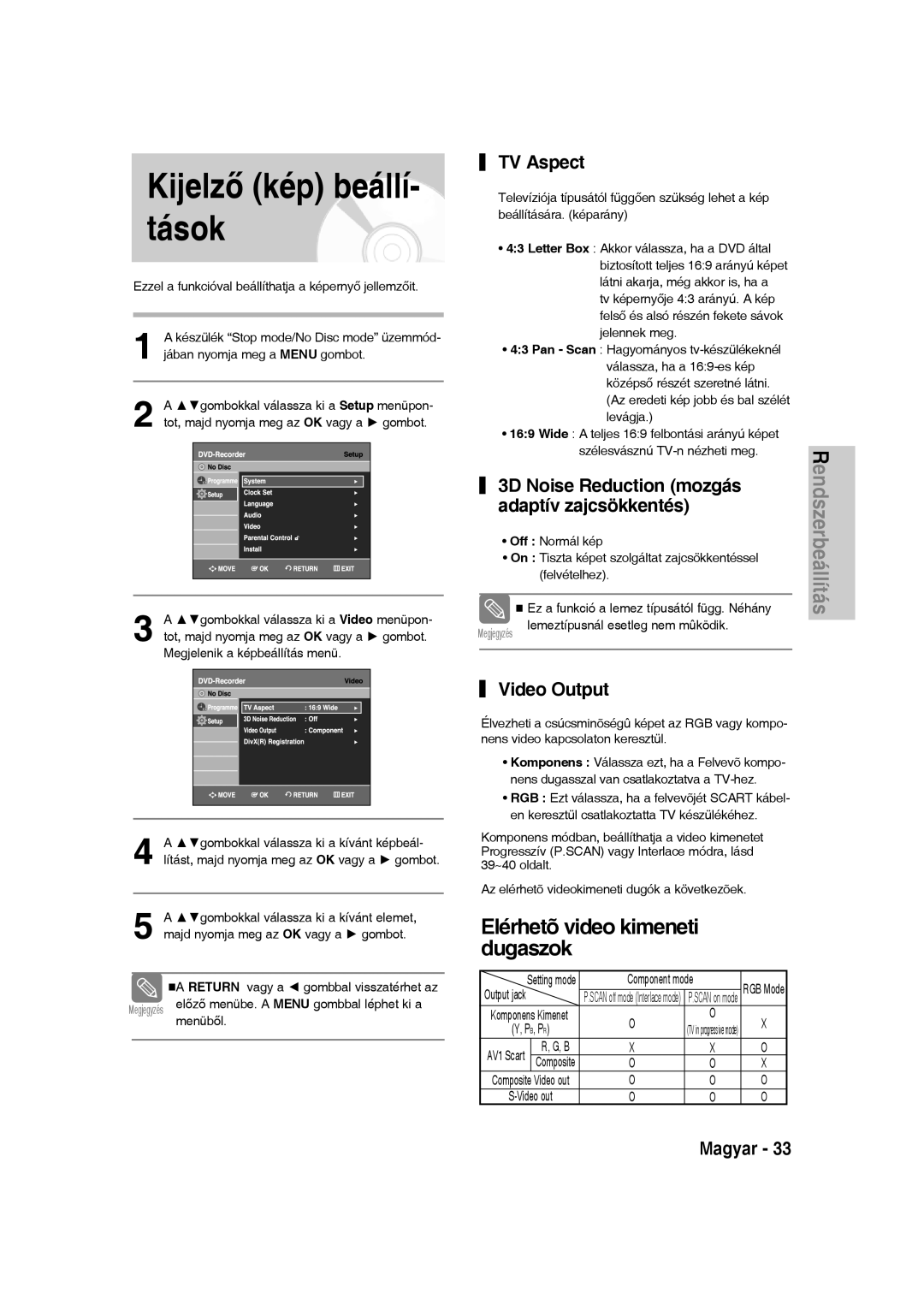 Samsung DVD-VR336/XET manual Kijelző kép beállí- tások, 3D Noise Reduction mozgás adaptív zajcsökkentés, Component mode 