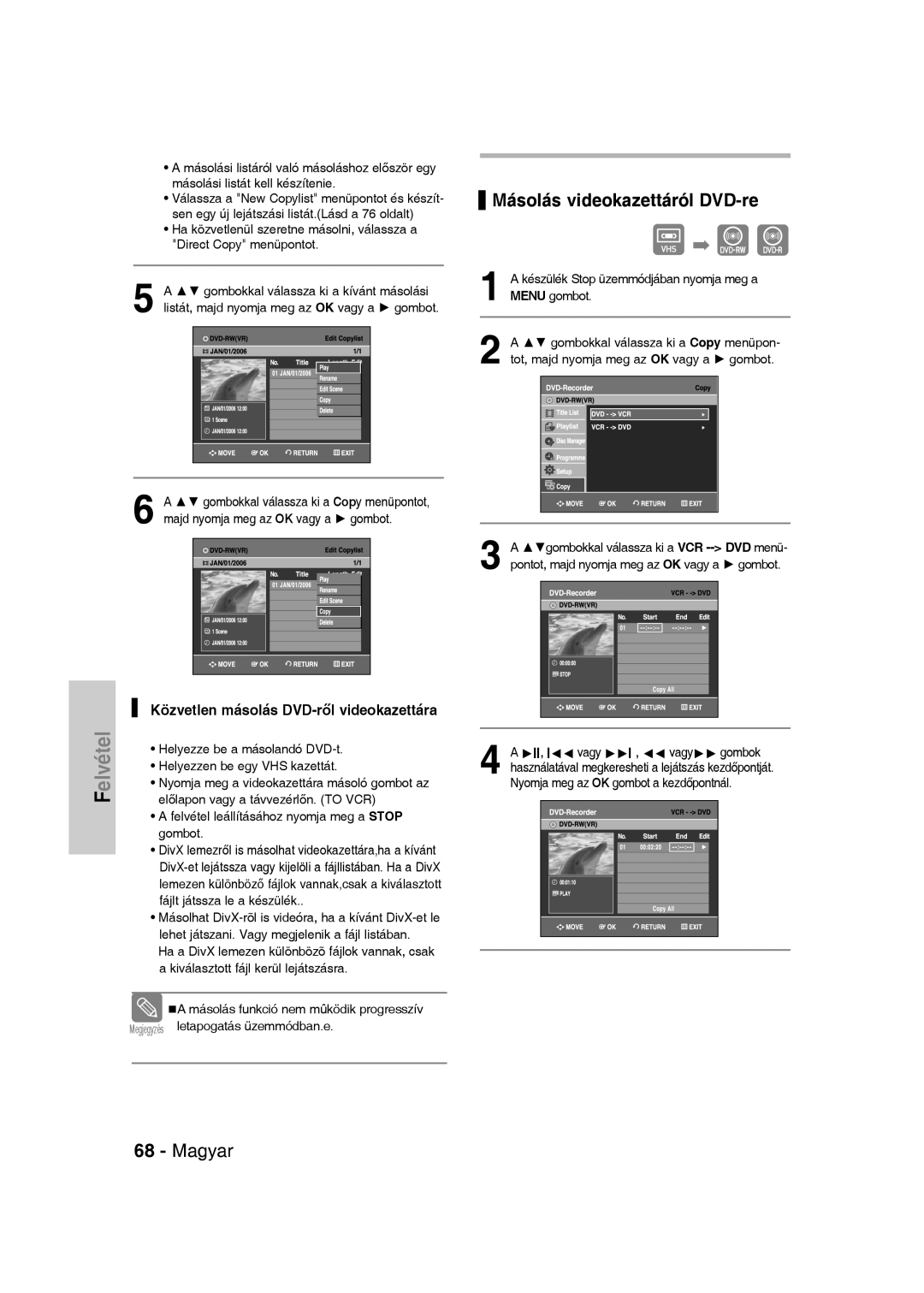 Samsung DVD-VR330/XEH, DVD-VR330/XET manual Másolás videokazettáról DVD-re, Közvetlen másolás DVD-ről videokazettára 