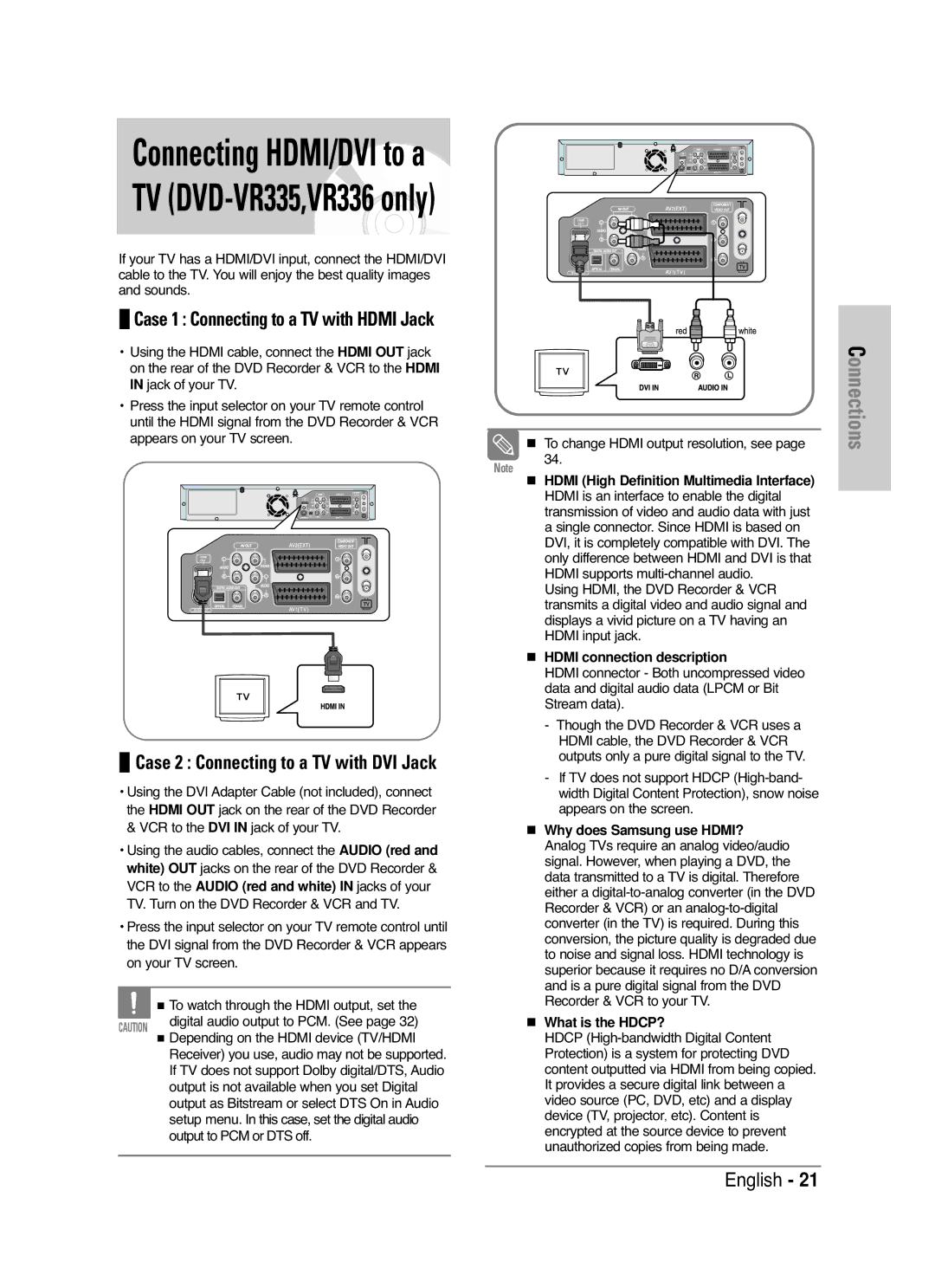 Samsung DVD-VR336/XEH manual Connecting HDMI/DVI to a TV DVD-VR335,VR336 only, Case 1 Connecting to a TV with Hdmi Jack 