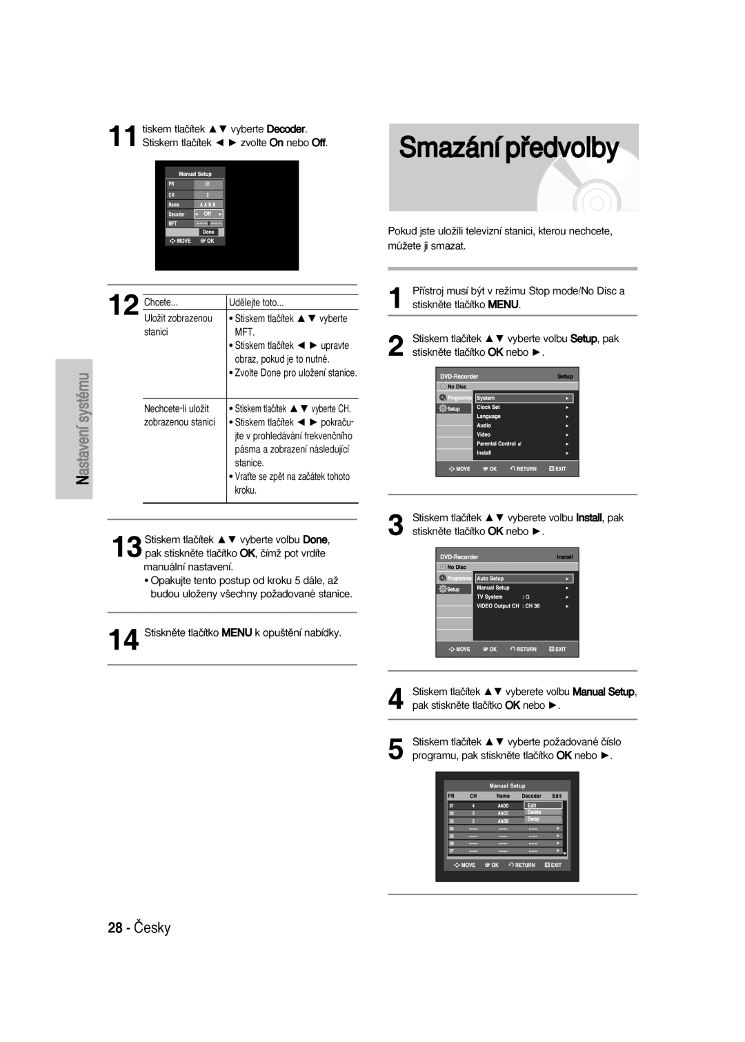 Samsung DVD-VR330/XET, DVD-VR336/XEH, DVD-VR330/XEH, DVD-VR336/XET manual Smazání pﬁedvolby, 28 âesky 