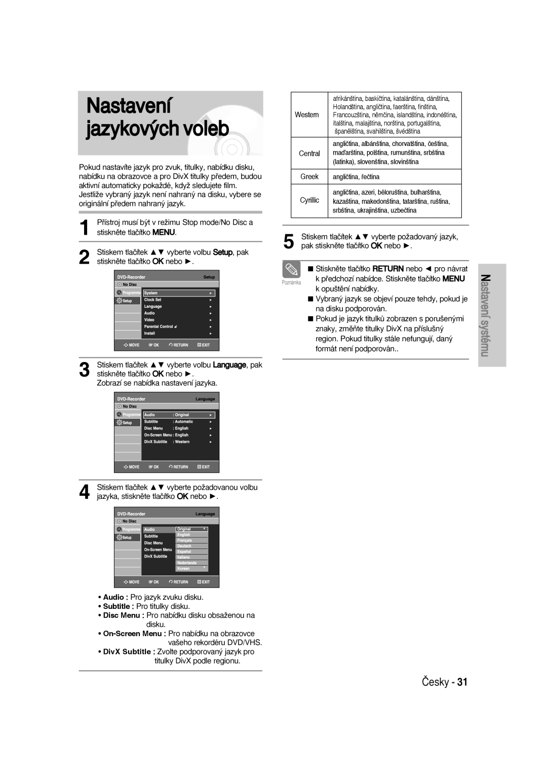 Samsung DVD-VR336/XET, DVD-VR330/XET, DVD-VR336/XEH, DVD-VR330/XEH manual Nastavení jazykov˘ch voleb 