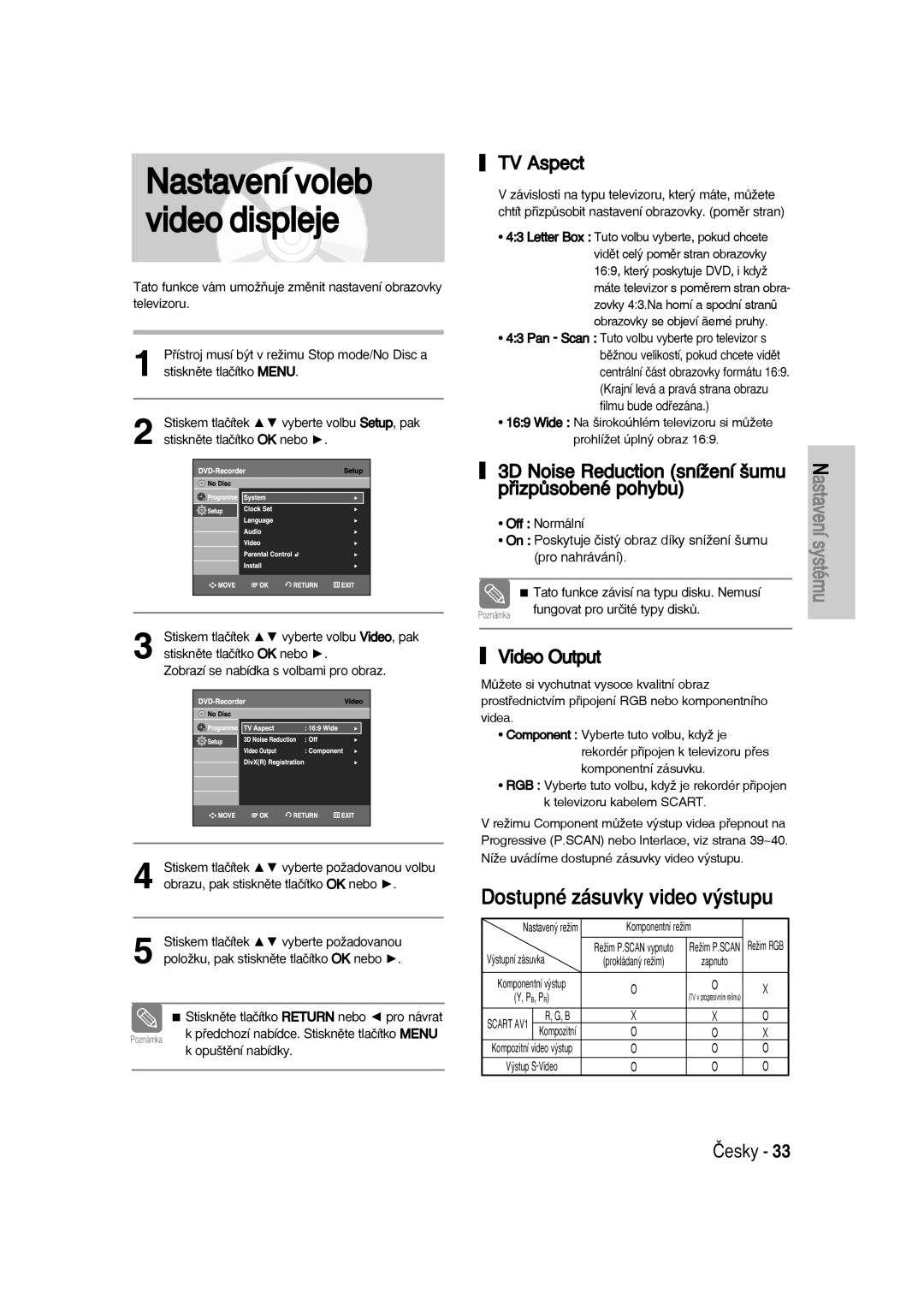 Samsung DVD-VR336/XEH manual Nastavení voleb video displeje, TV Aspect, 3D Noise Reduction sníÏení ‰umu pﬁizpÛsobené pohybu 