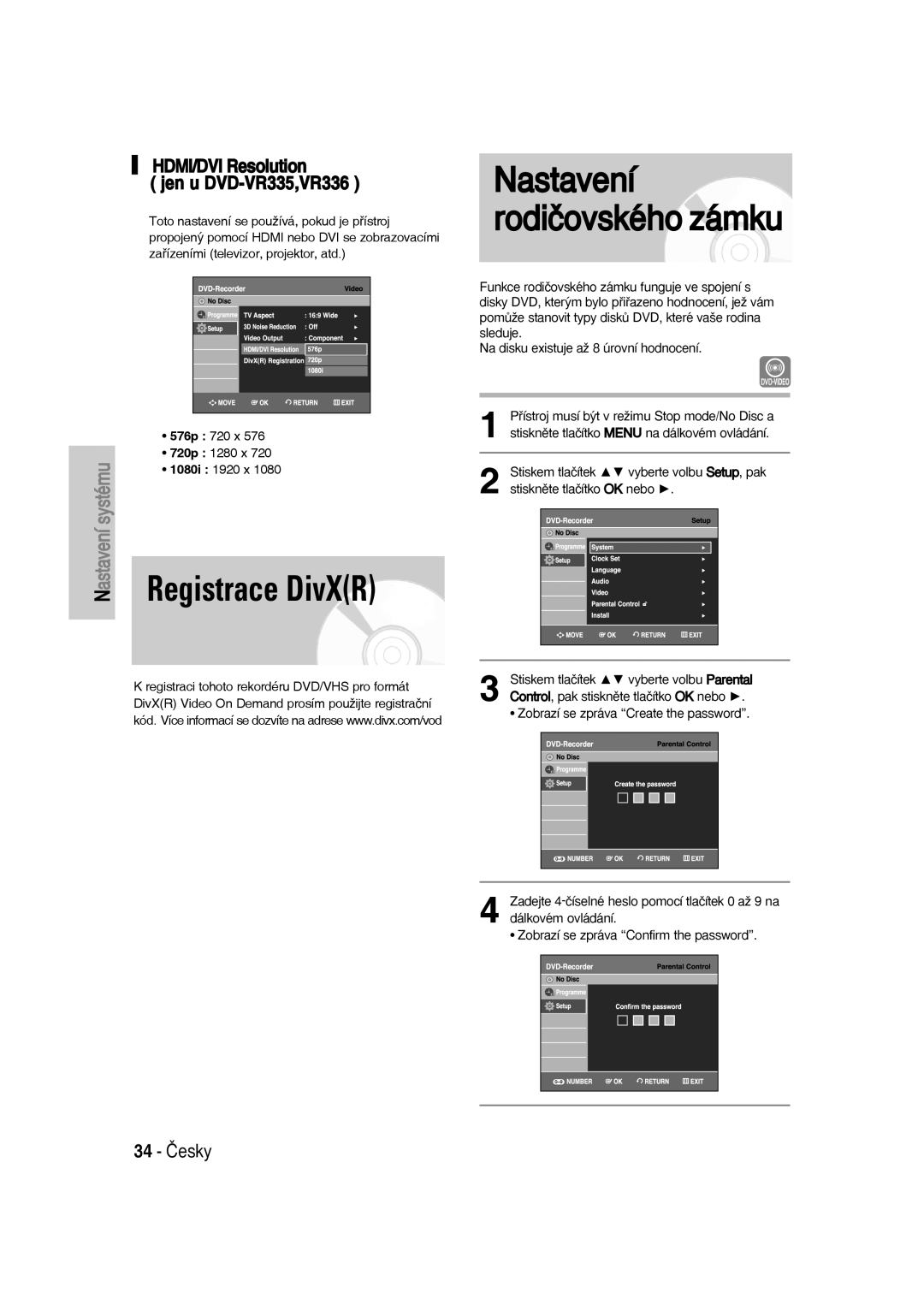 Samsung DVD-VR330/XEH, DVD-VR330/XET, DVD-VR336/XEH Registrace DivXR, HDMI/DVI Resolution Jen u DVD-VR335,VR336, 34 âesky 