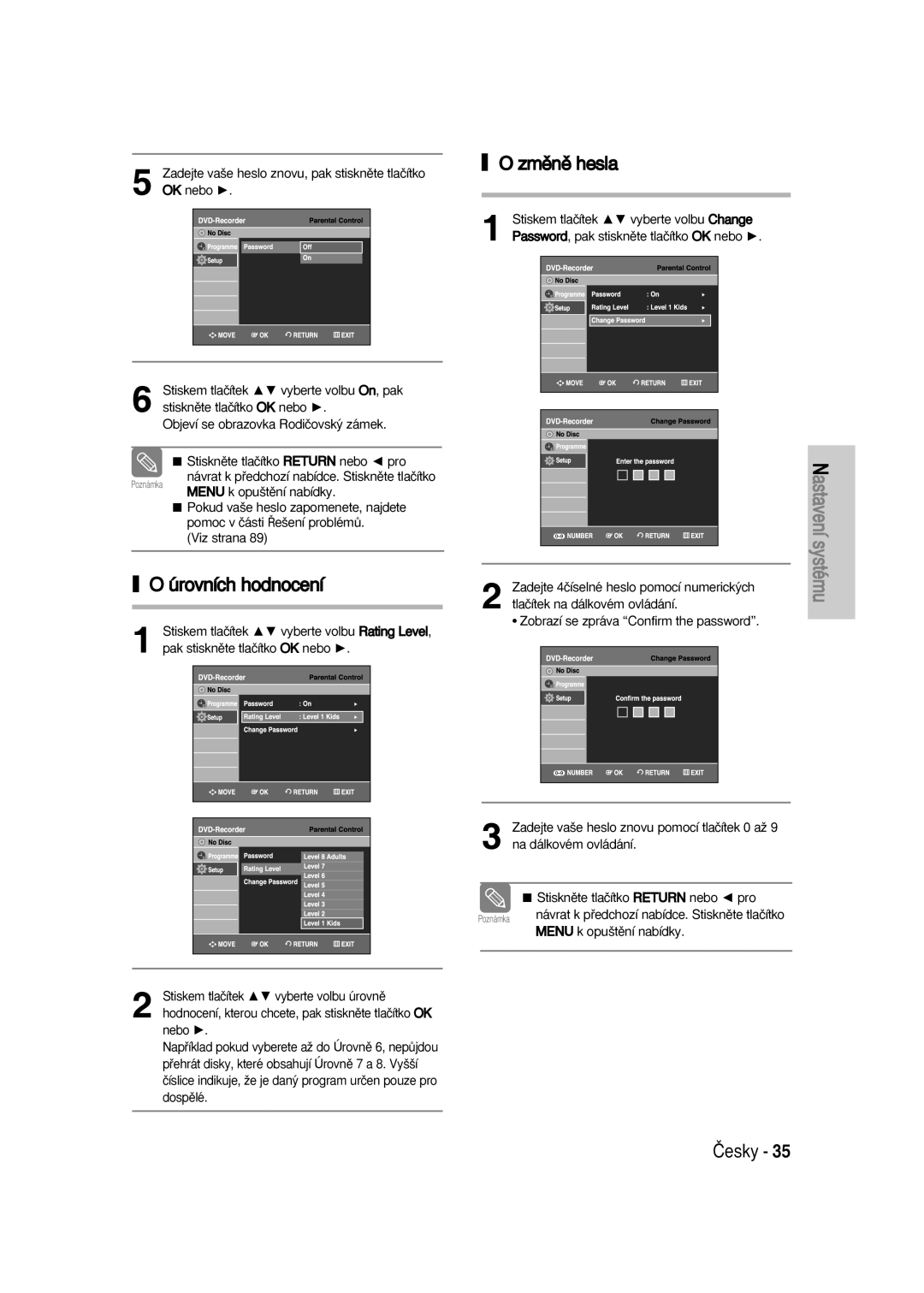 Samsung DVD-VR336/XET, DVD-VR330/XET, DVD-VR336/XEH, DVD-VR330/XEH manual Změně hesla, Úrovních hodnocení 