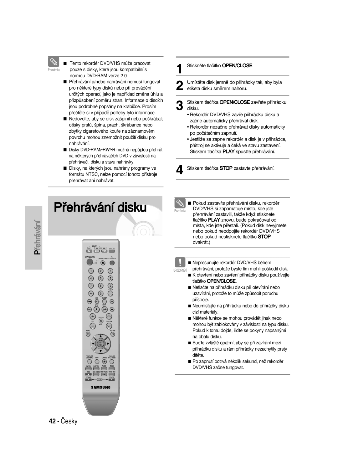 Samsung DVD-VR330/XEH, DVD-VR330/XET, DVD-VR336/XEH, DVD-VR336/XET manual Pﬁehrávání disku, 42 âesky 