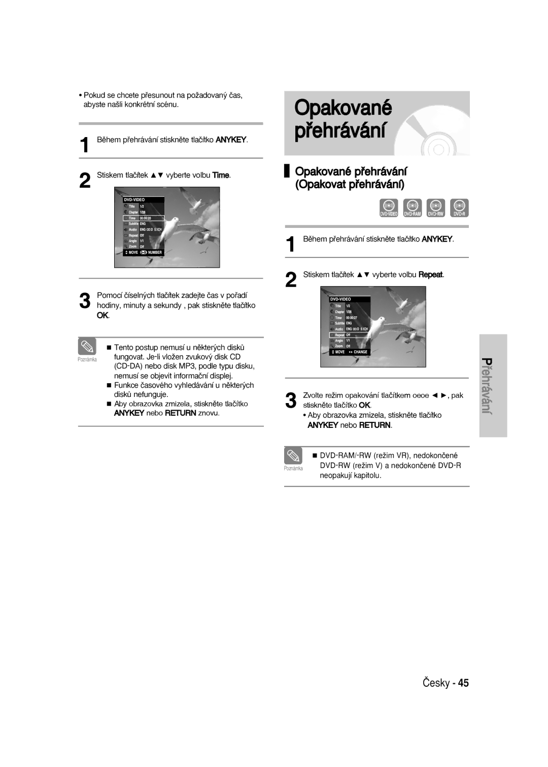 Samsung DVD-VR336/XEH, DVD-VR330/XET, DVD-VR330/XEH manual Opakované Pﬁehrávání, Opakované pﬁehrávání Opakovat pﬁehrávání 