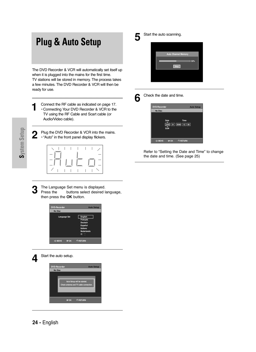 Samsung DVD-VR330/XET Plug & Auto Setup, Language Set menu is displayed, Press the …† buttons select desired language 