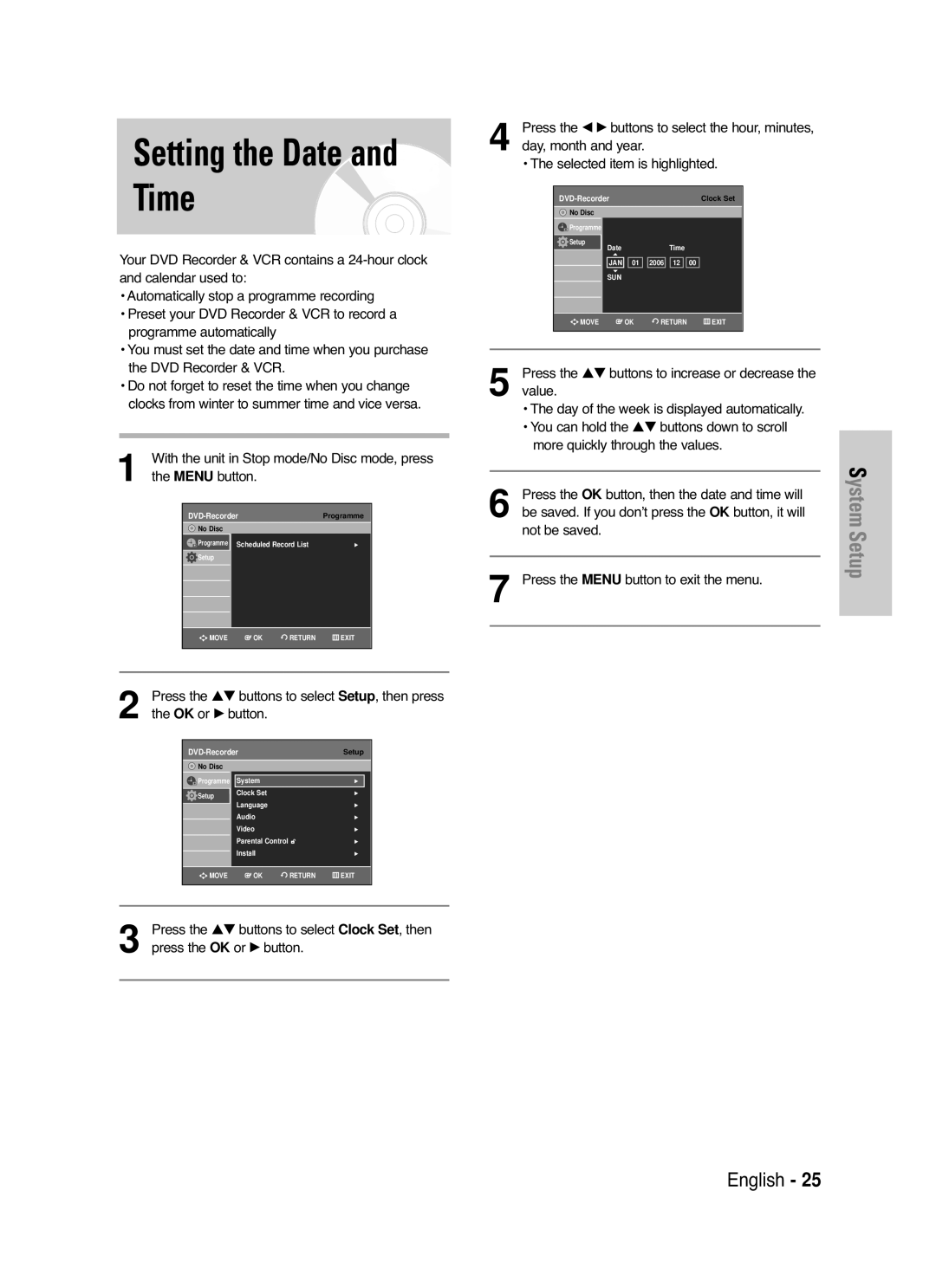 Samsung DVD-VR336/XEH, DVD-VR330/XET, DVD-VR330/XEH, DVD-VR336/XET manual Setting the Date and Time 