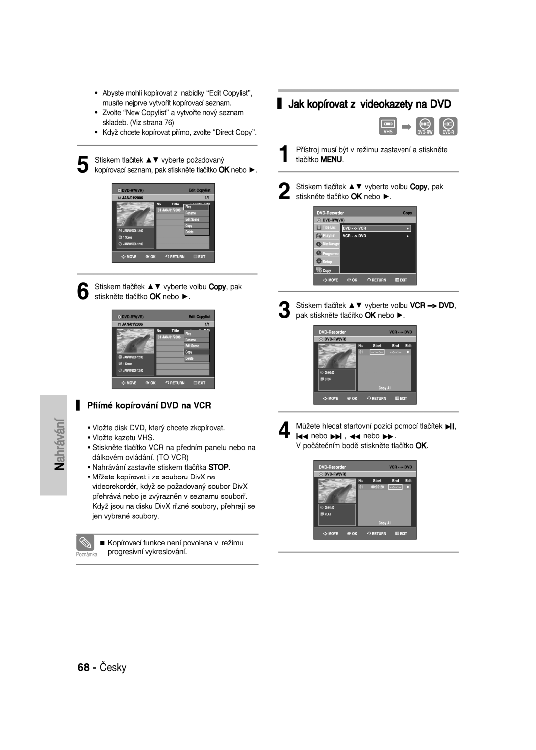 Samsung DVD-VR330/XET Jak kopírovat z videokazety na DVD, 68 âesky, Pﬁímé kopírování DVD na VCR, Progresivní vykreslování 