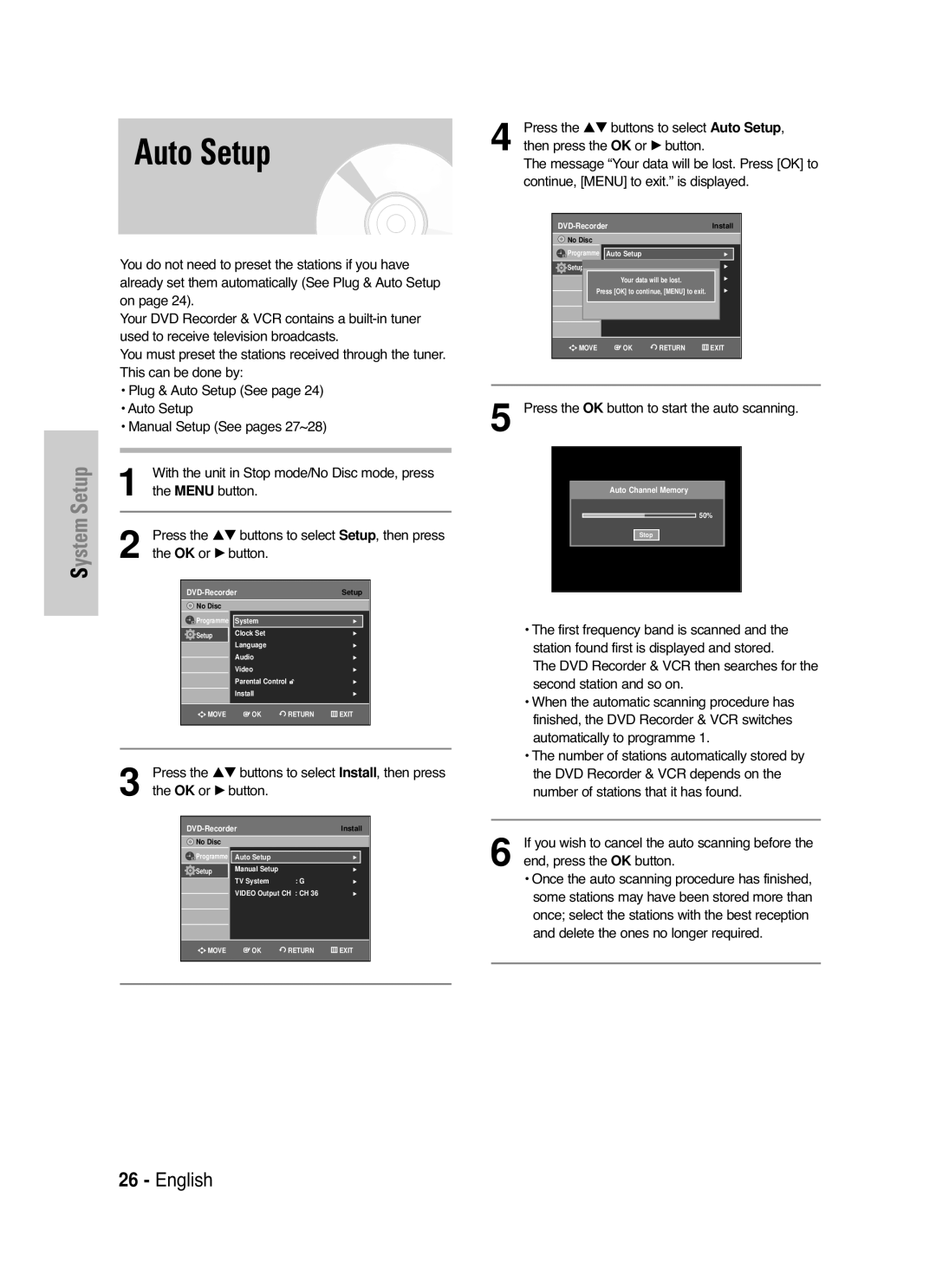 Samsung DVD-VR330/XEH manual Press the …† buttons to select Install, then press, Press the …† buttons to select Auto Setup 