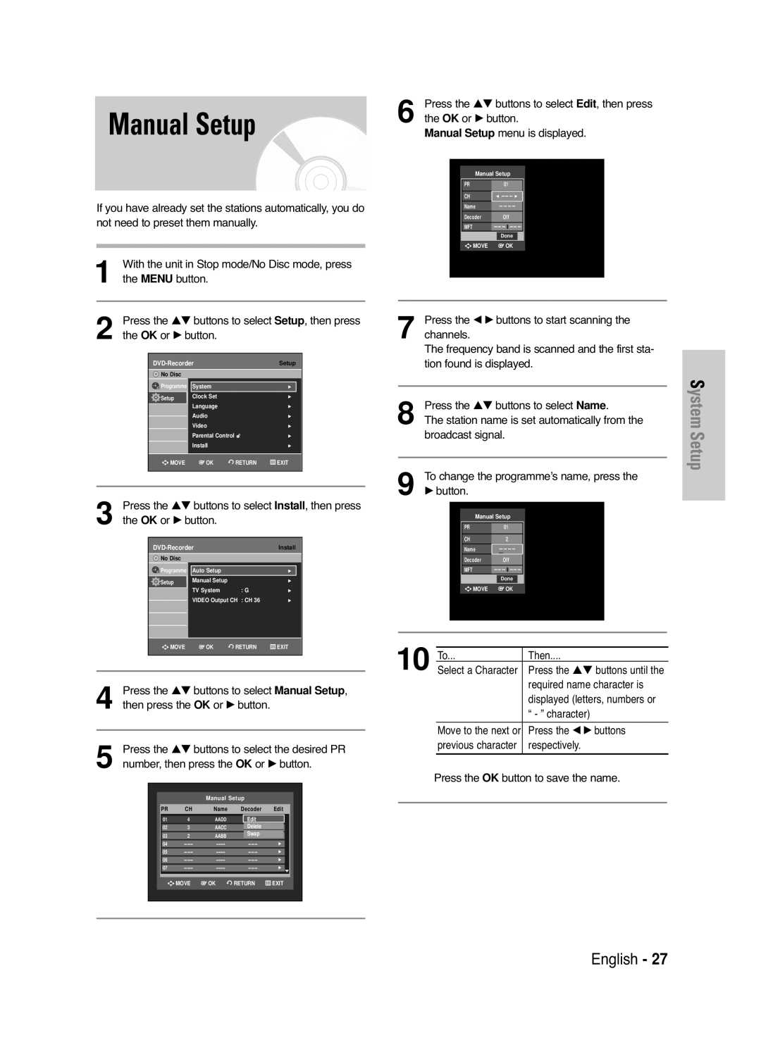 Samsung DVD-VR336/XET Manual Setup, Press the …† buttons to select the desired PR, Number, then press the OK or √ button 