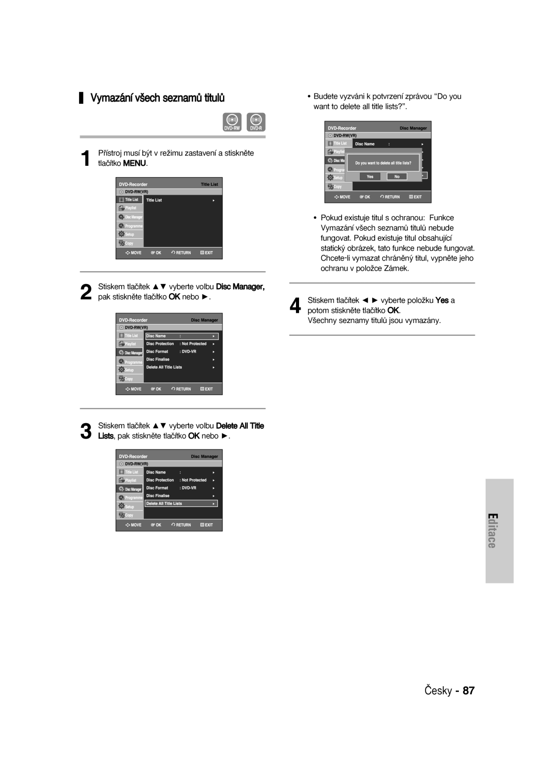 Samsung DVD-VR336/XET, DVD-VR330/XET, DVD-VR336/XEH, DVD-VR330/XEH manual Vymazání v‰ech seznamÛ titulÛ 