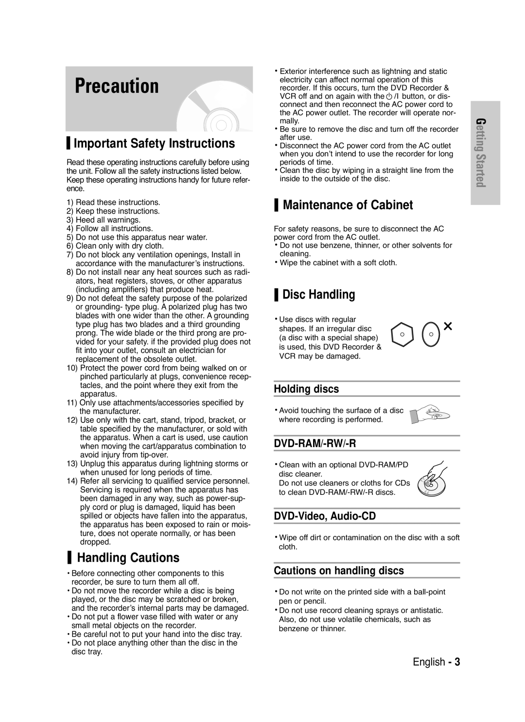 Samsung DVD-VR336/XET, DVD-VR330/XET, DVD-VR336/XEH, DVD-VR330/XEH manual Precaution, Holding discs, DVD-Video, Audio-CD 