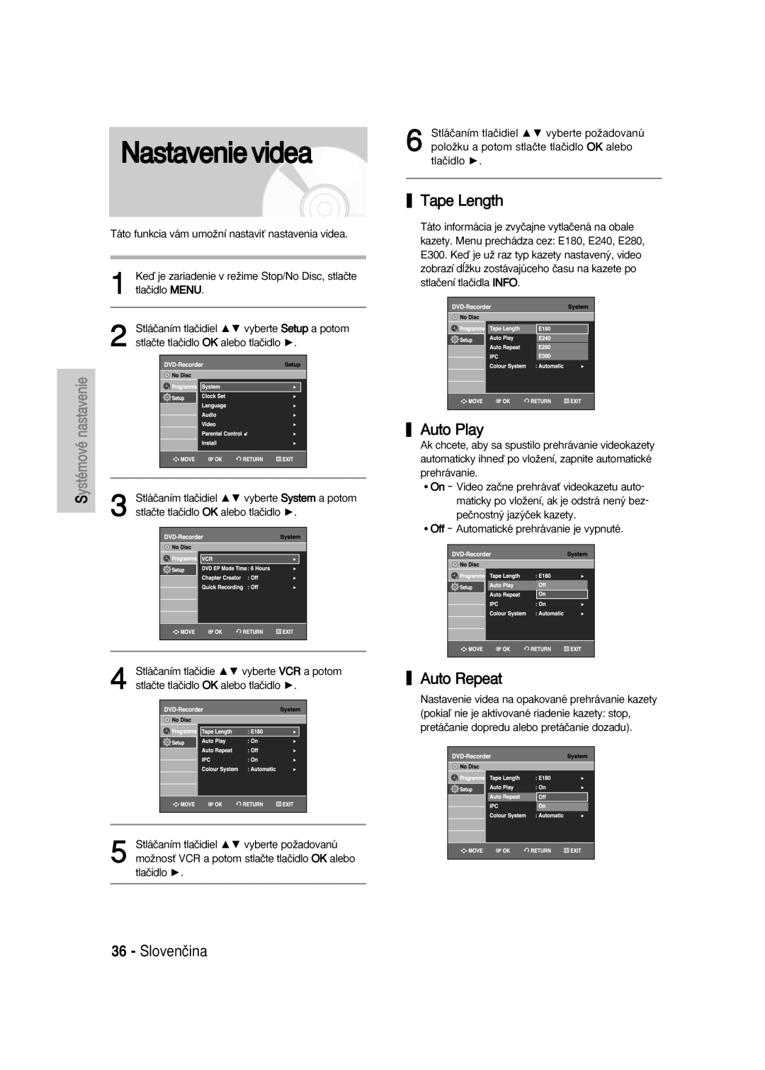 Samsung DVD-VR330/XEH, DVD-VR330/XET, DVD-VR336/XEH, DVD-VR336/XET manual Nastavenievidea, Tape Length, Auto Play 