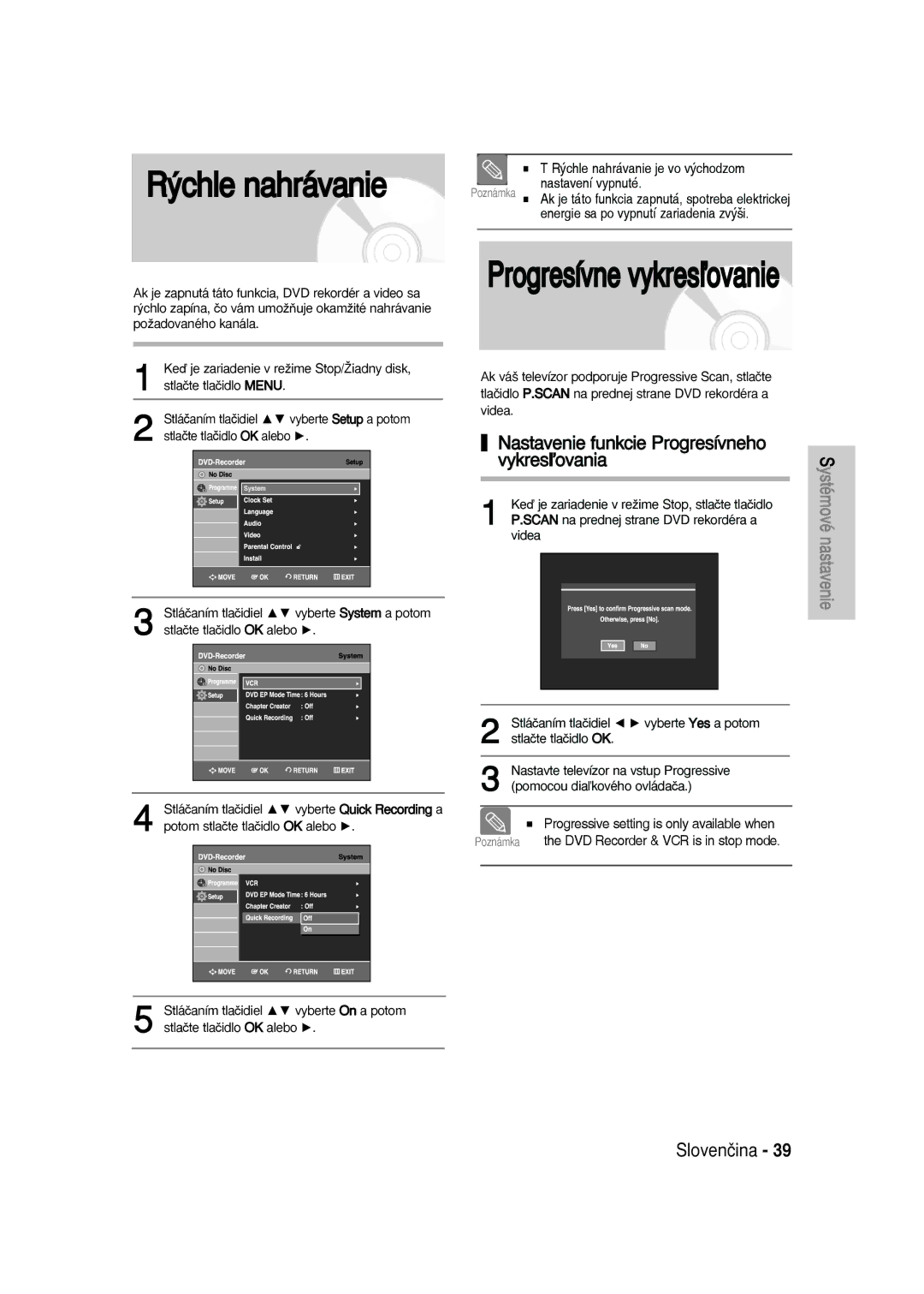 Samsung DVD-VR336/XEH, DVD-VR330/XET, DVD-VR330/XEH manual Rýchle nahrávanie, Nastavenie funkcie Progresívneho vykresľovania 