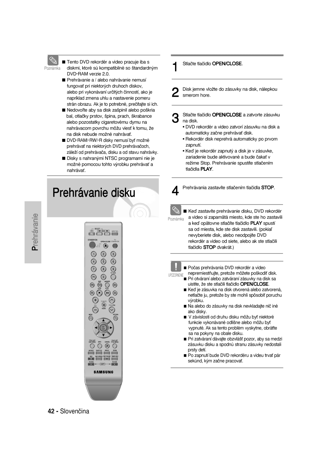 Samsung DVD-VR330/XET, DVD-VR336/XEH, DVD-VR330/XEH, DVD-VR336/XET manual Prehrávanie disku 