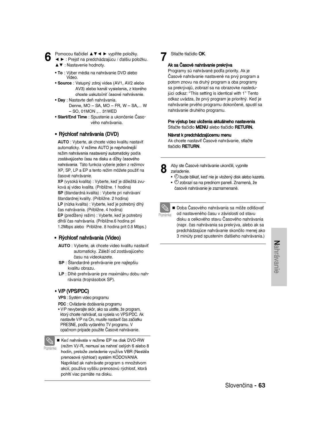 Samsung DVD-VR336/XEH VPS Systém video programu PDC Ovládanie dodávania programu, Keď nahrávate v režime EP na disk DVD-RW 