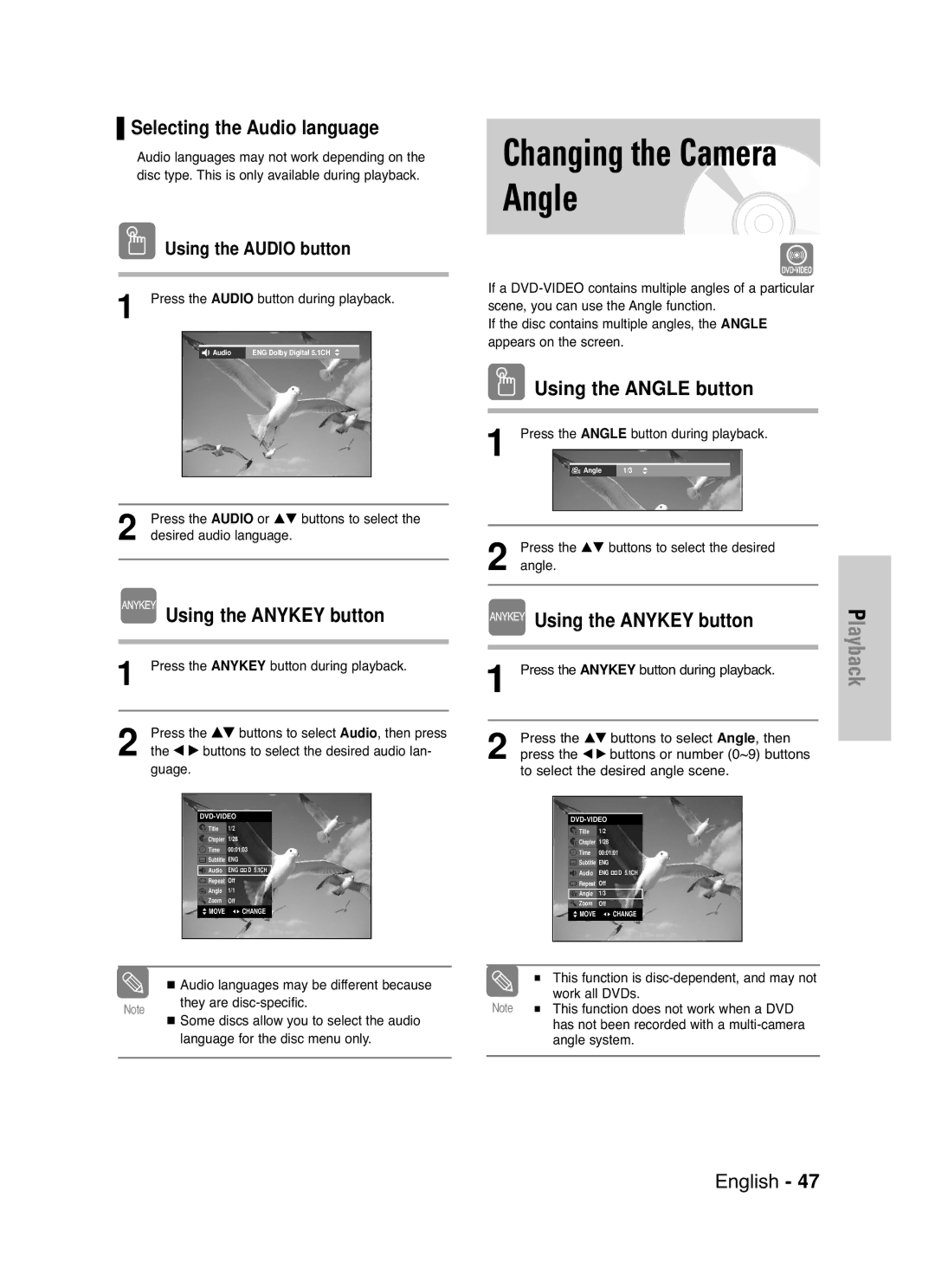 Samsung DVD-VR336/XET, DVD-VR330/XET manual Selecting the Audio language, Using the Angle button, Using the Audio button 