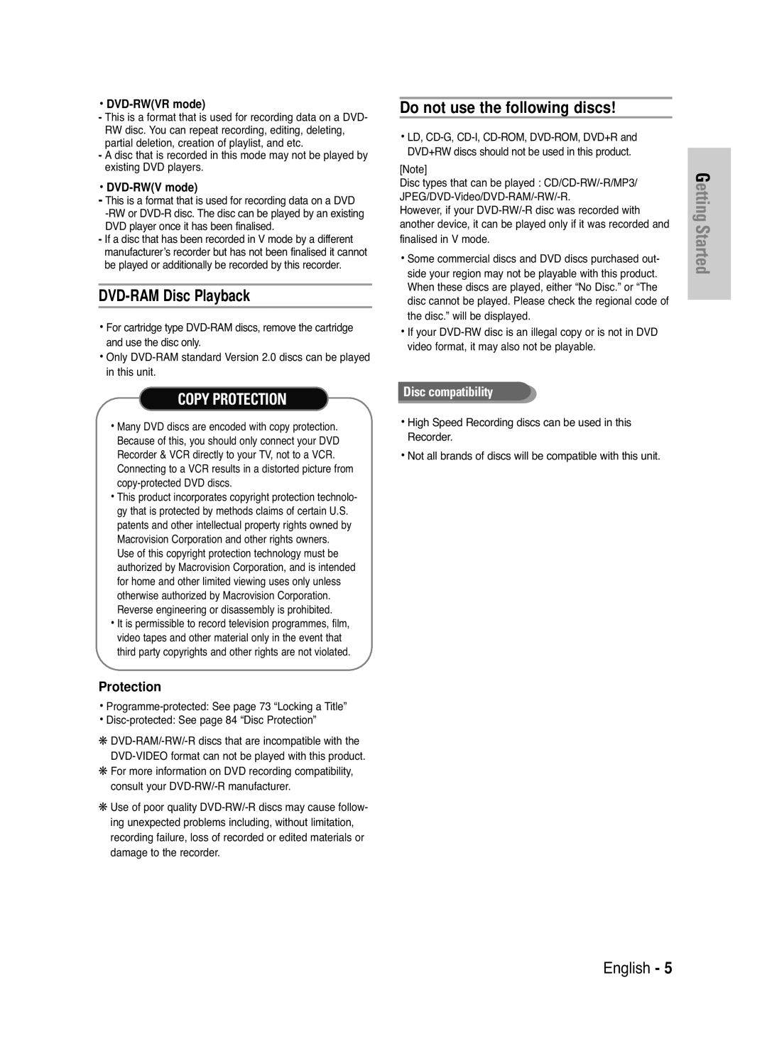 Samsung DVD-VR336/XEH manual DVD-RAM Disc Playback, Do not use the following discs, Protection, DVD-RWVR mode, DVD-RWV mode 