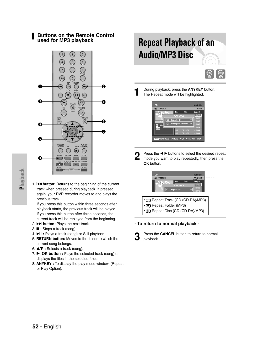 Samsung DVD-VR330/XET manual Returns to the beginning of the current, Track when pressed during playback. If pressed 