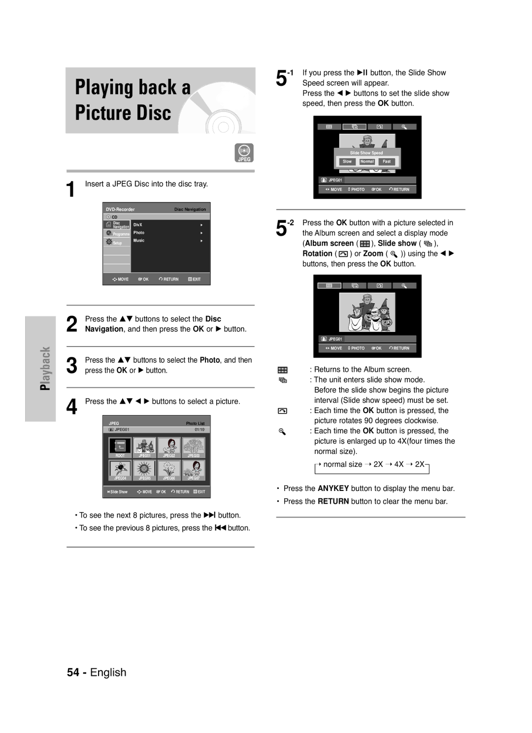 Samsung DVD-VR330/XEH, DVD-VR330/XET, DVD-VR336/XEH, DVD-VR336/XET manual Playing back a Picture Disc 