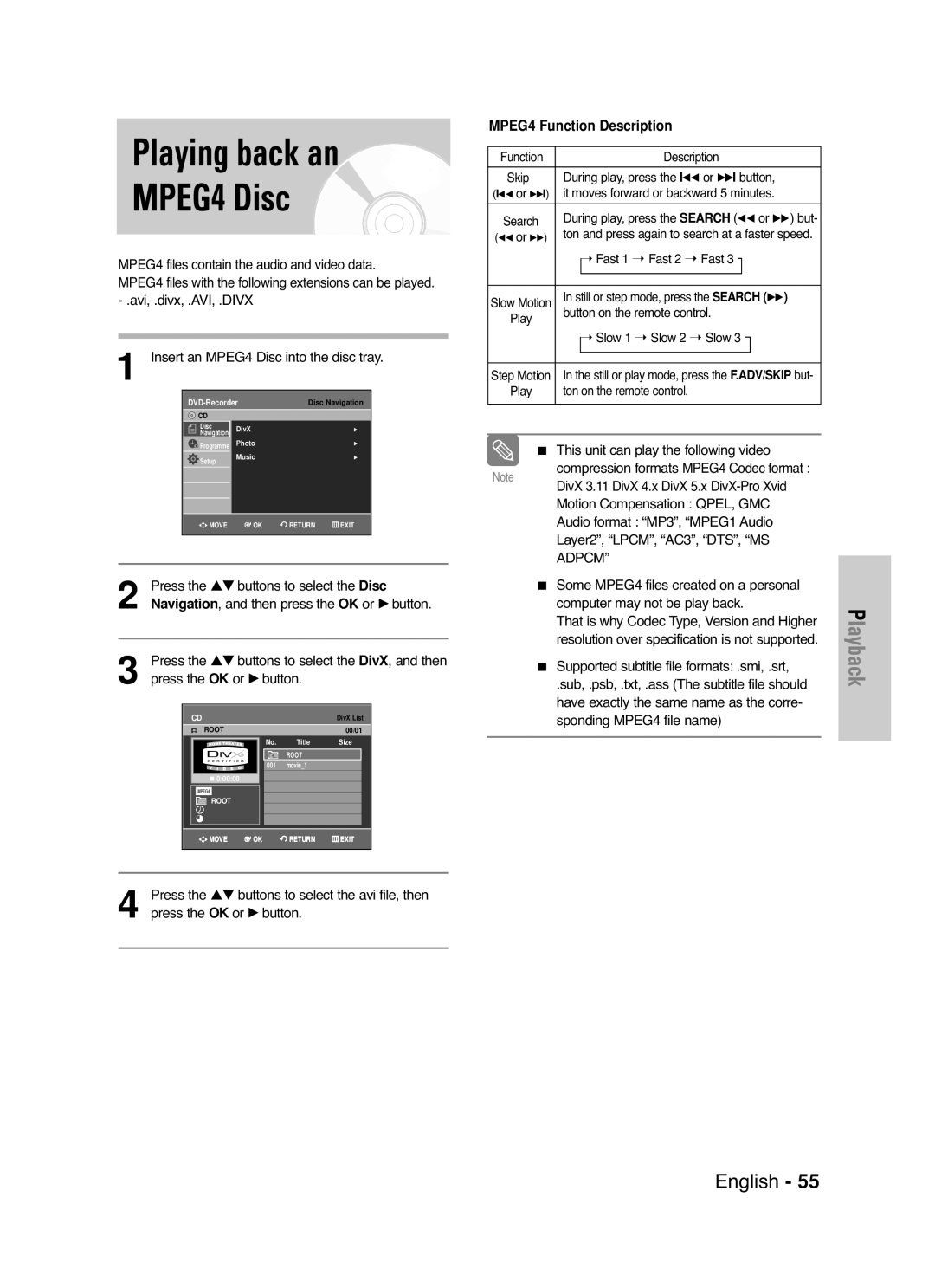 Samsung DVD-VR336/XET Playing back an MPEG4 Disc, MPEG4 Function Description, Insert an MPEG4 Disc into the disc tray 