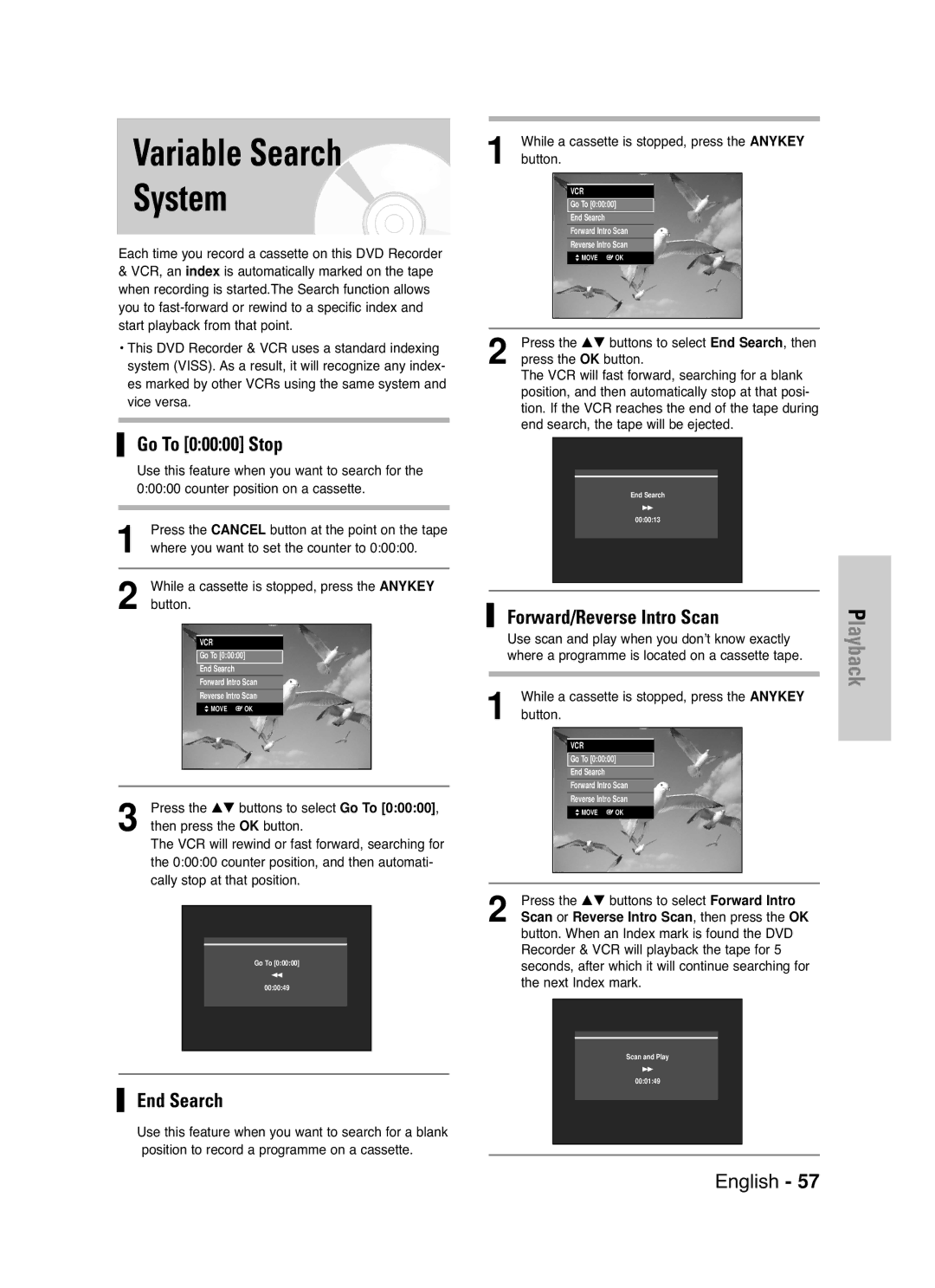 Samsung DVD-VR336/XEH, DVD-VR330/XET manual Variable Search System, Go To 00000 Stop, End Search, Forward/Reverse Intro Scan 