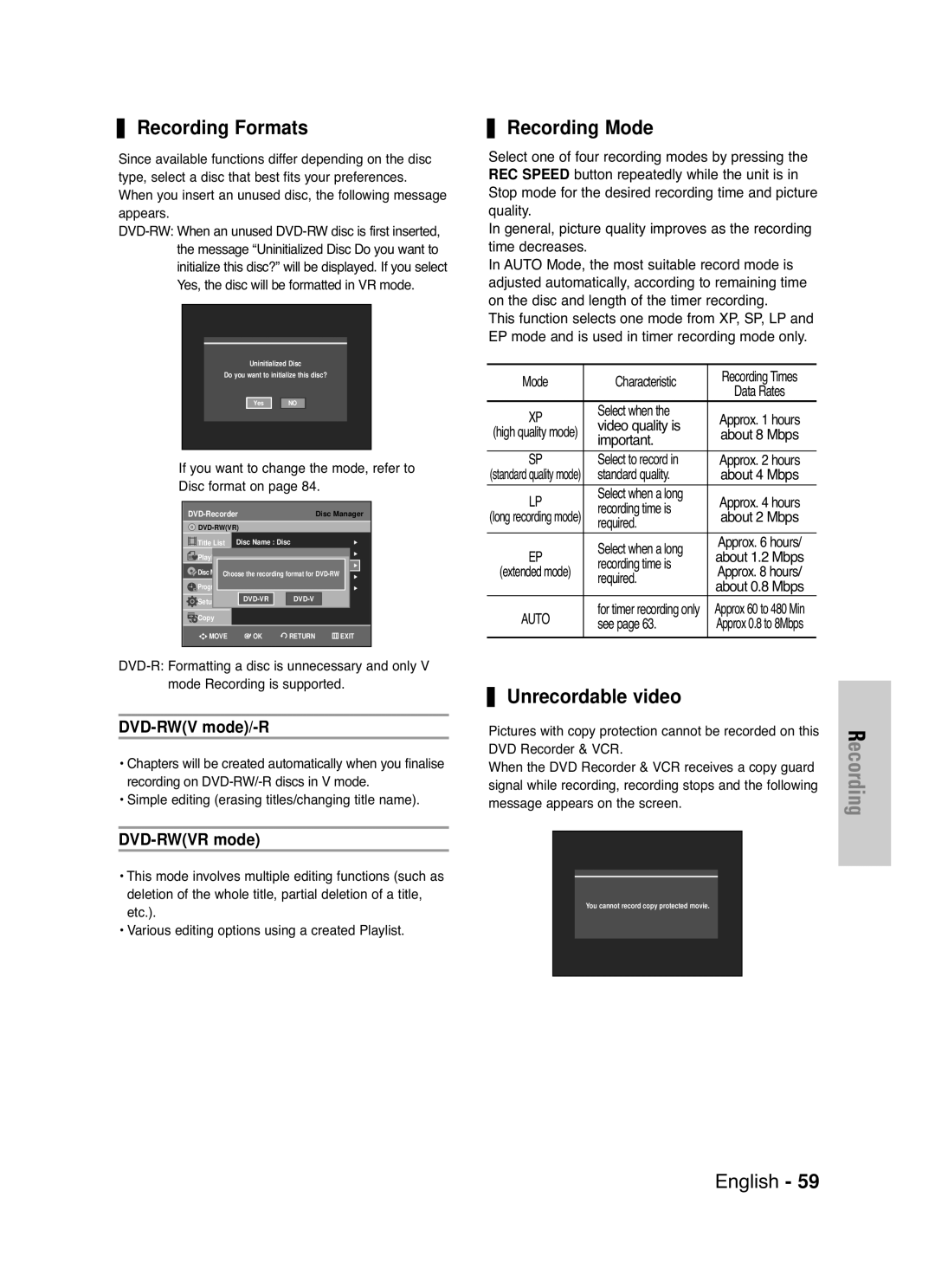 Samsung DVD-VR336/XET, DVD-VR330/XET Recording Formats, Recording Mode, Unrecordable video, DVD-RWV mode/-R, DVD-RWVR mode 