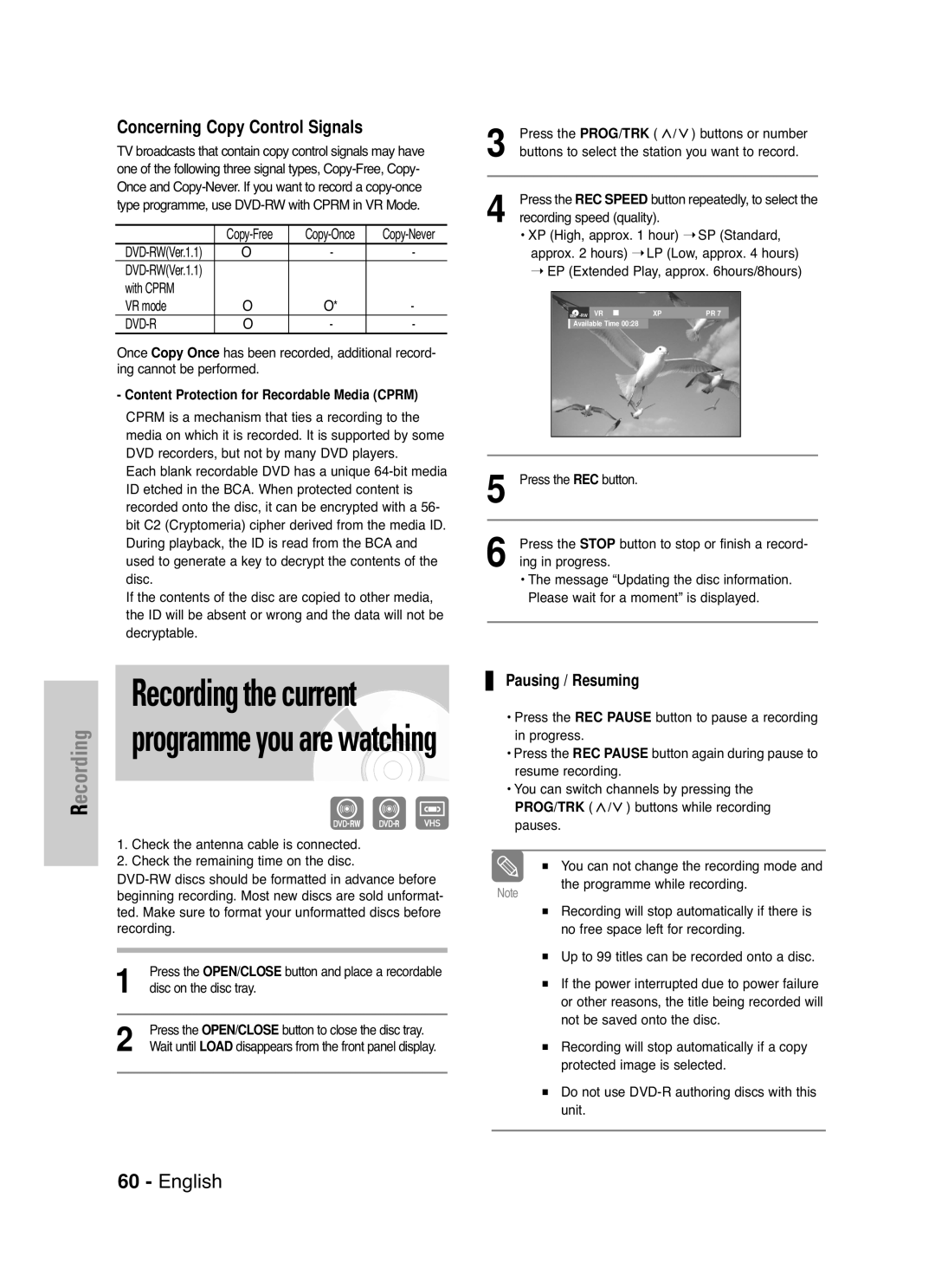 Samsung DVD-VR330/XET Concerning Copy Control Signals, Pausing / Resuming, Content Protection for Recordable Media Cprm 