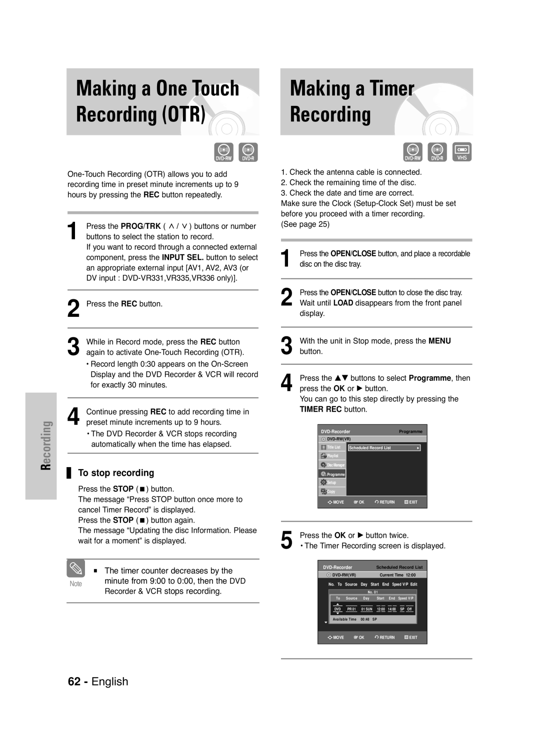 Samsung DVD-VR330/XEH, DVD-VR330/XET, DVD-VR336/XEH, DVD-VR336/XET manual Making a One Touch, Recording OTR, To stop recording 