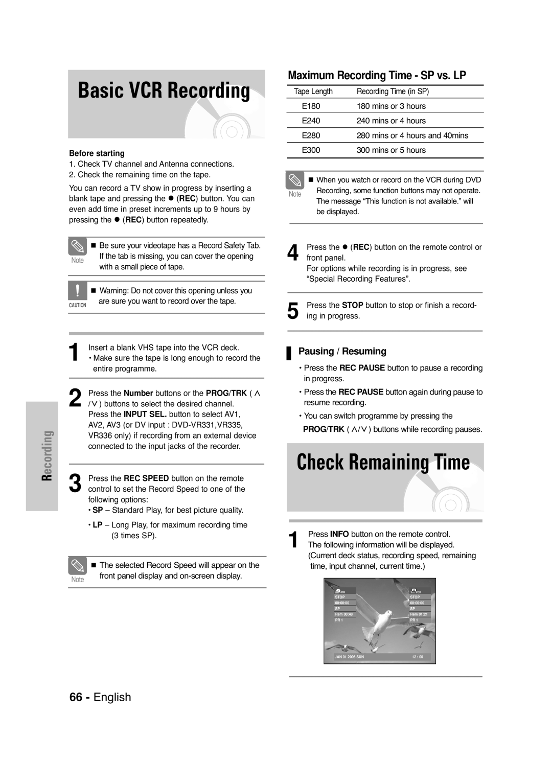 Samsung DVD-VR330/XEH, DVD-VR330/XET, DVD-VR336/XEH, DVD-VR336/XET Check Remaining Time, Maximum Recording Time SP vs. LP 