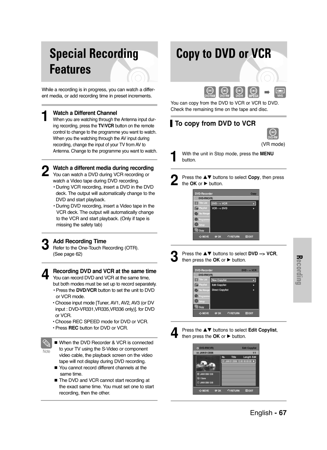 Samsung DVD-VR336/XET, DVD-VR330/XET Copy to DVD or VCR, To copy from DVD to VCR, Watch a different media during recording 
