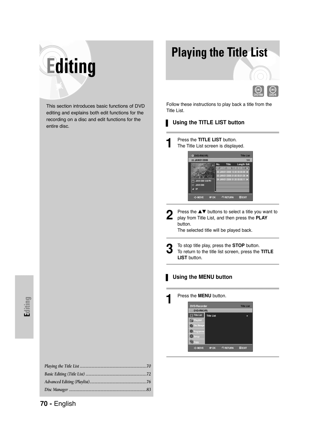 Samsung DVD-VR330/XEH, DVD-VR330/XET manual Playing the Title List, Using the Title List button, Using the Menu button 