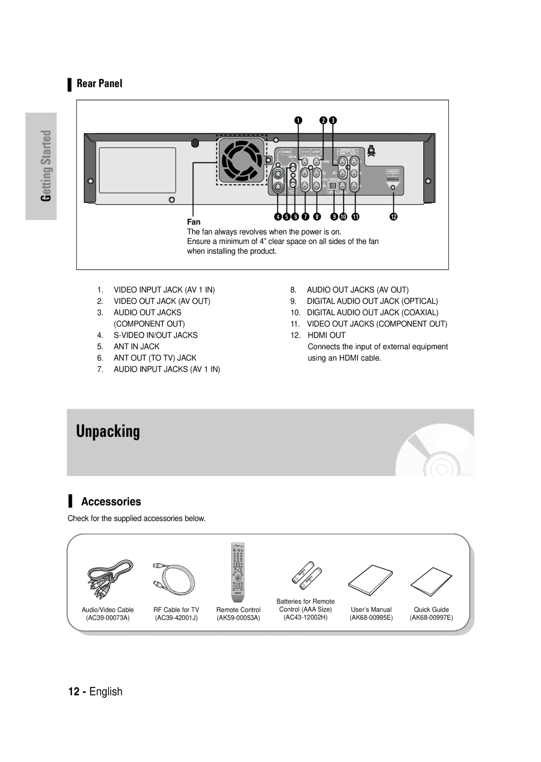 Samsung DVD-VR335 instruction manual Accessories, Fan, Using an Hdmi cable, Check for the supplied accessories below 