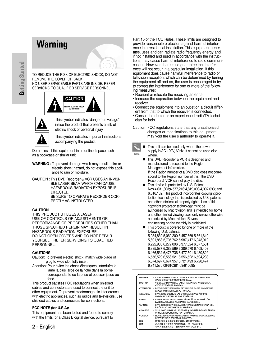 Samsung DVD-VR335 instruction manual FCC Note for U.S.A 