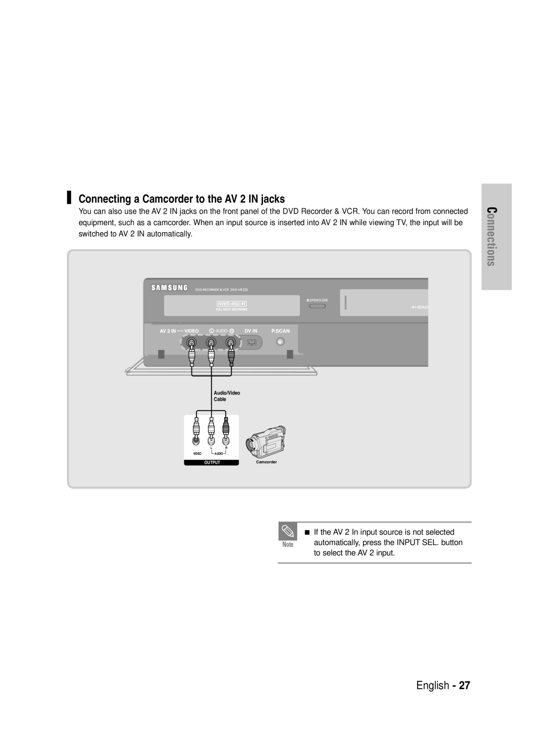 Samsung DVD-VR335 Connecting a Camcorder to the AV 2 in jacks, If the AV 2 In input source is not selected 